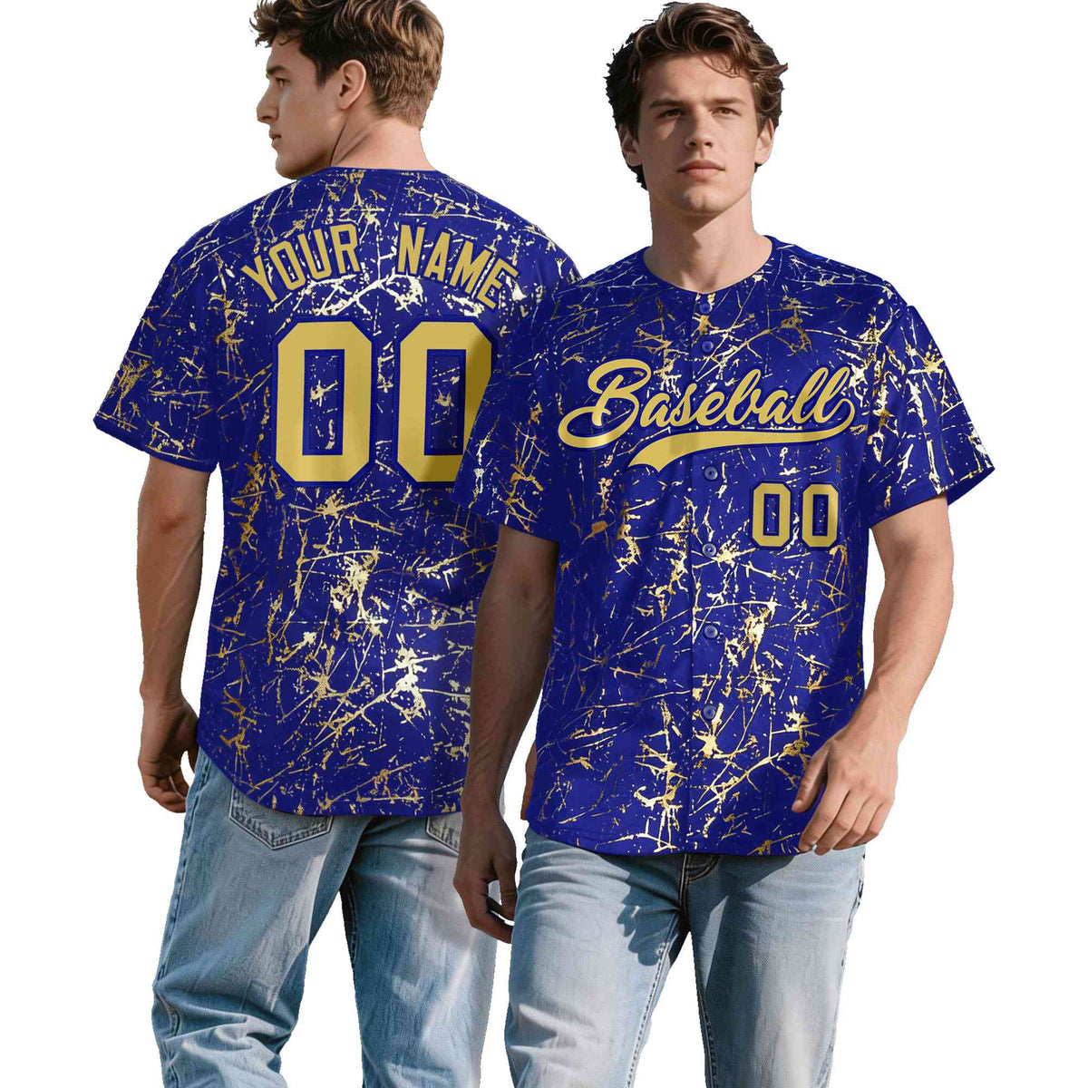 Custom Royal Old Gold Black&amp;Shiny Gold Cracked Foil Hip Hop Button Down Baseball Jersey