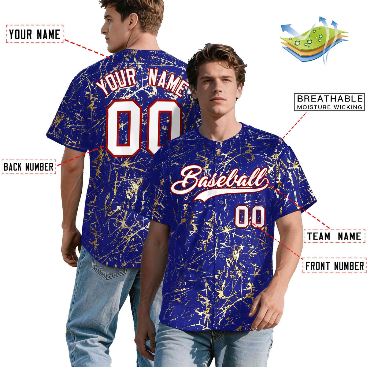 Custom Royal White Black&amp;Gold Marble Print Clubwear Party Streetwear Baseball Jersey