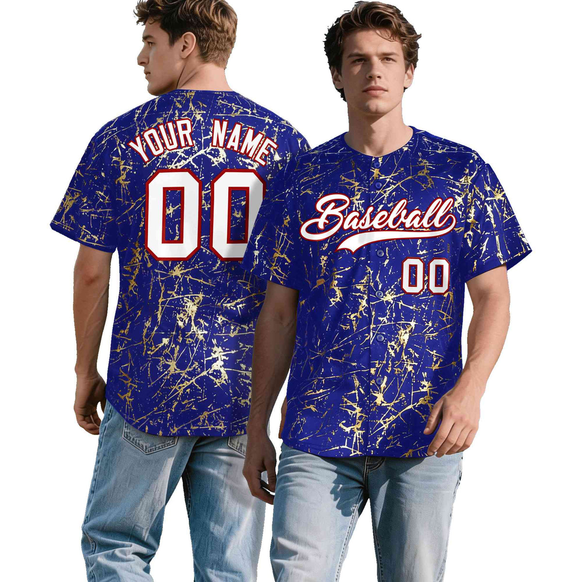 Custom Royal White Black&amp;Gold Marble Print Clubwear Party Streetwear Baseball Jersey