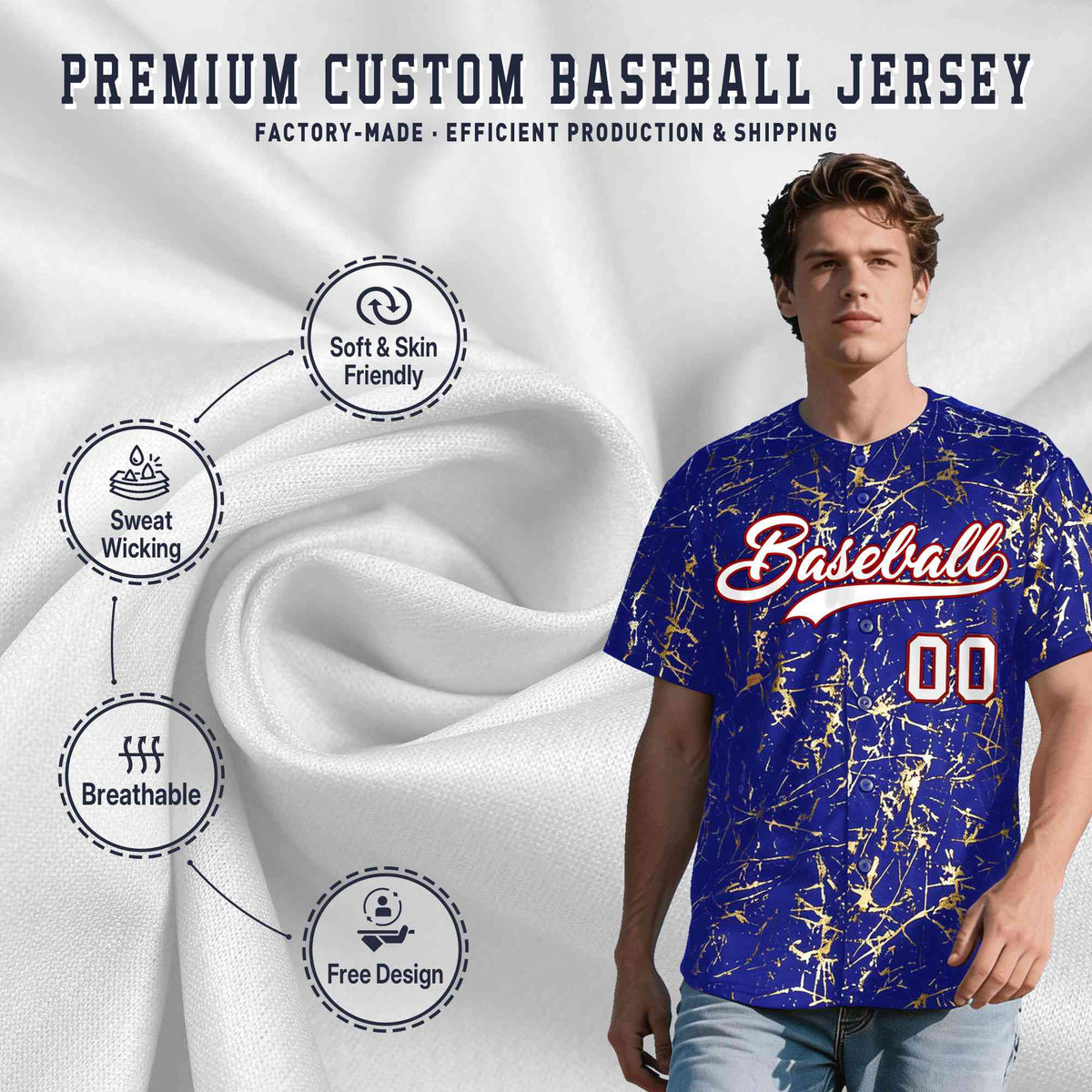 Custom Royal White Black&amp;Gold Marble Print Clubwear Party Streetwear Baseball Jersey