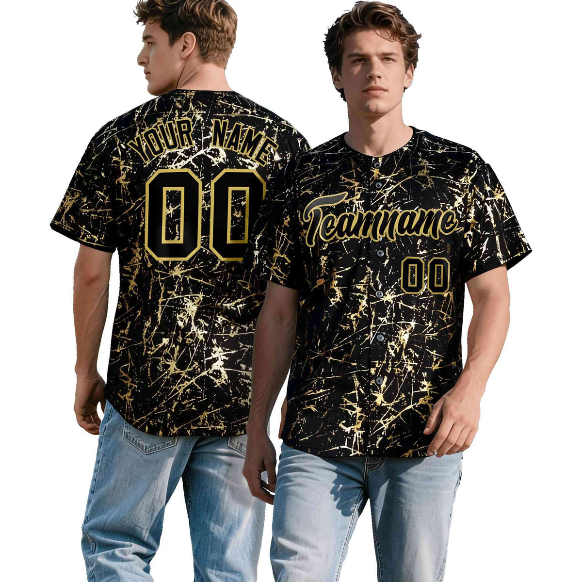 Custom Black Old Gold Black&amp;Shiny Gold Cracked Foil Hip Hop Button Down Baseball Jersey