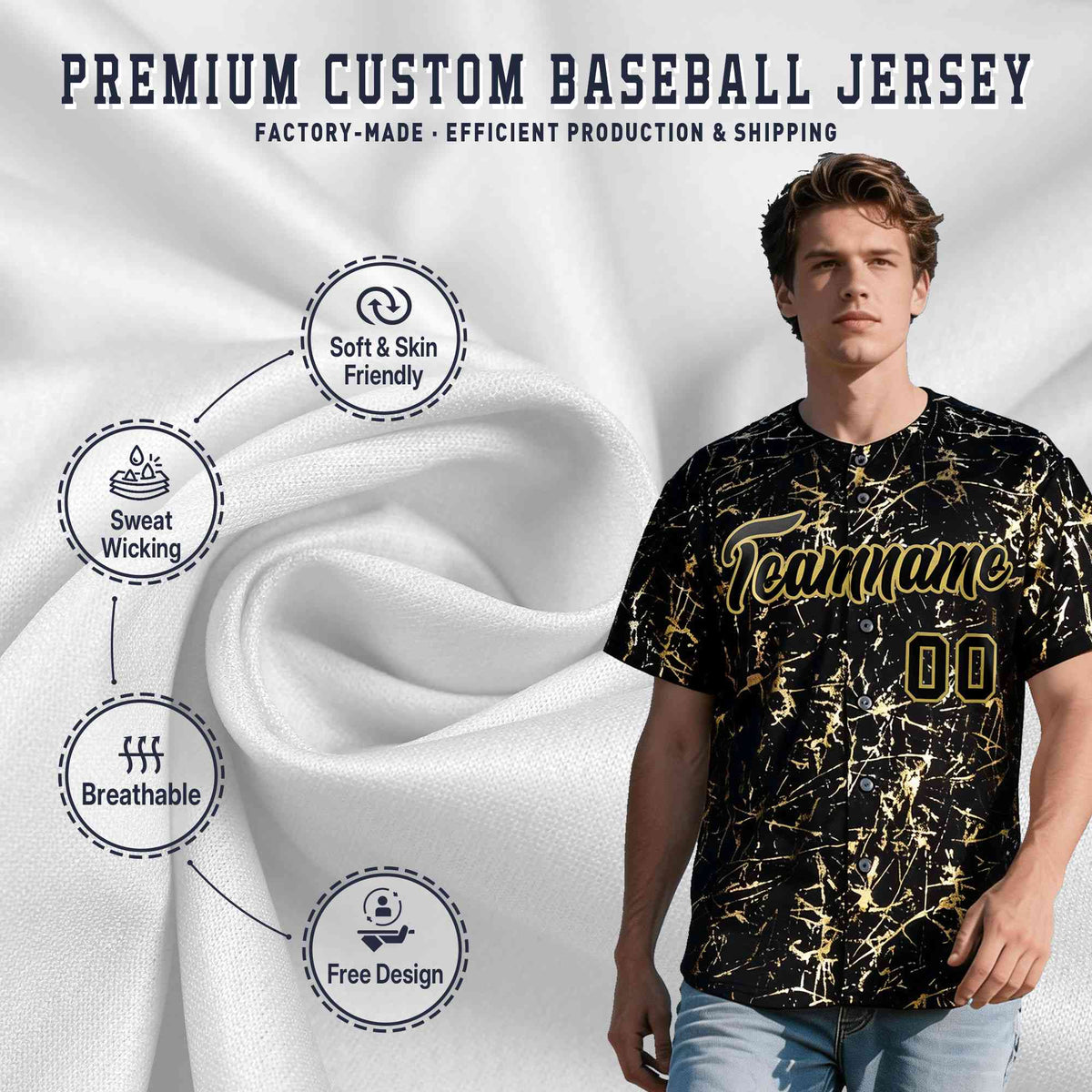 Custom Black Old Gold Black&amp;Shiny Gold Cracked Foil Hip Hop Button Down Baseball Jersey