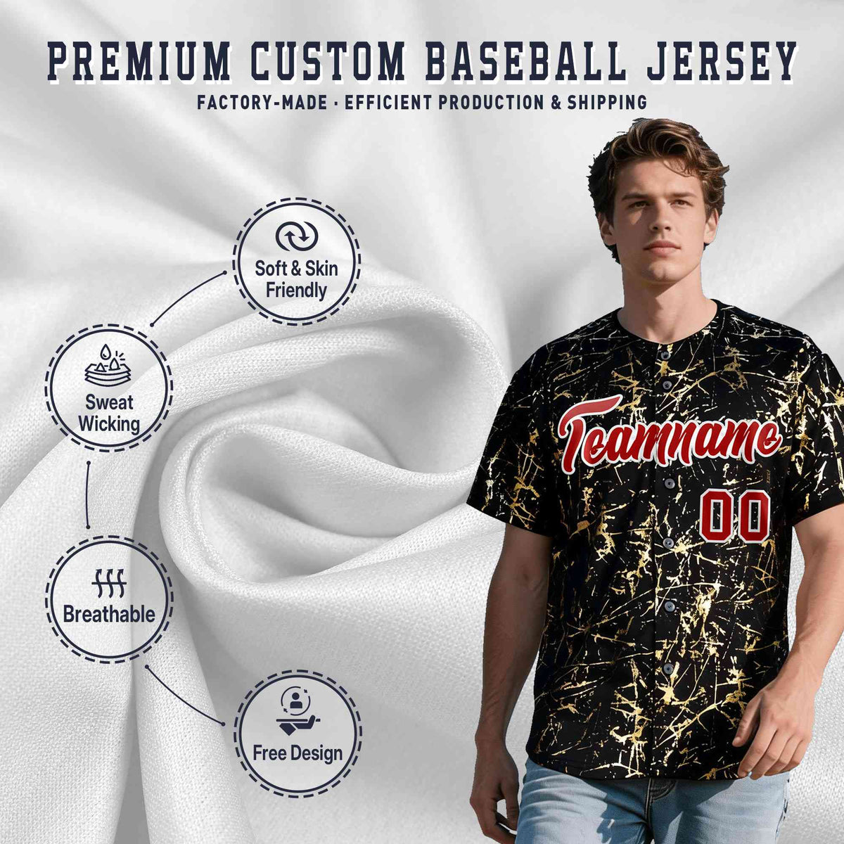 Custom Black Red Metallic Gold Splatter Breathable&amp;Wrinkle-Resistant Baseball Jersey