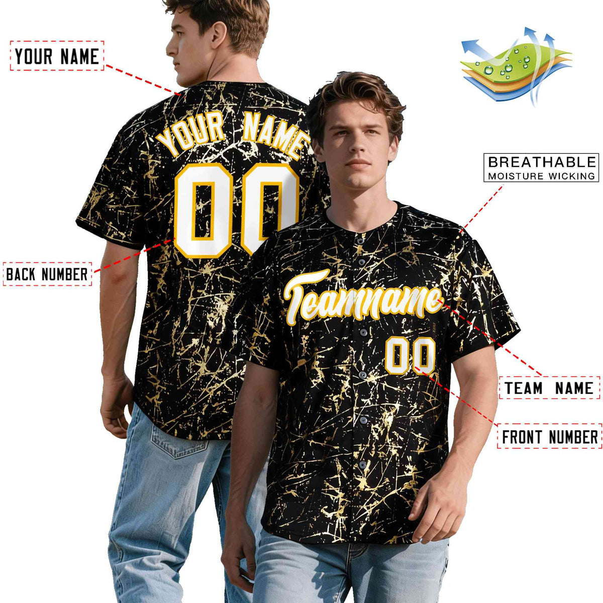 Custom Black White Black&amp;Shiny Gold Cracked Foil Hip Hop Button Down Baseball Jersey