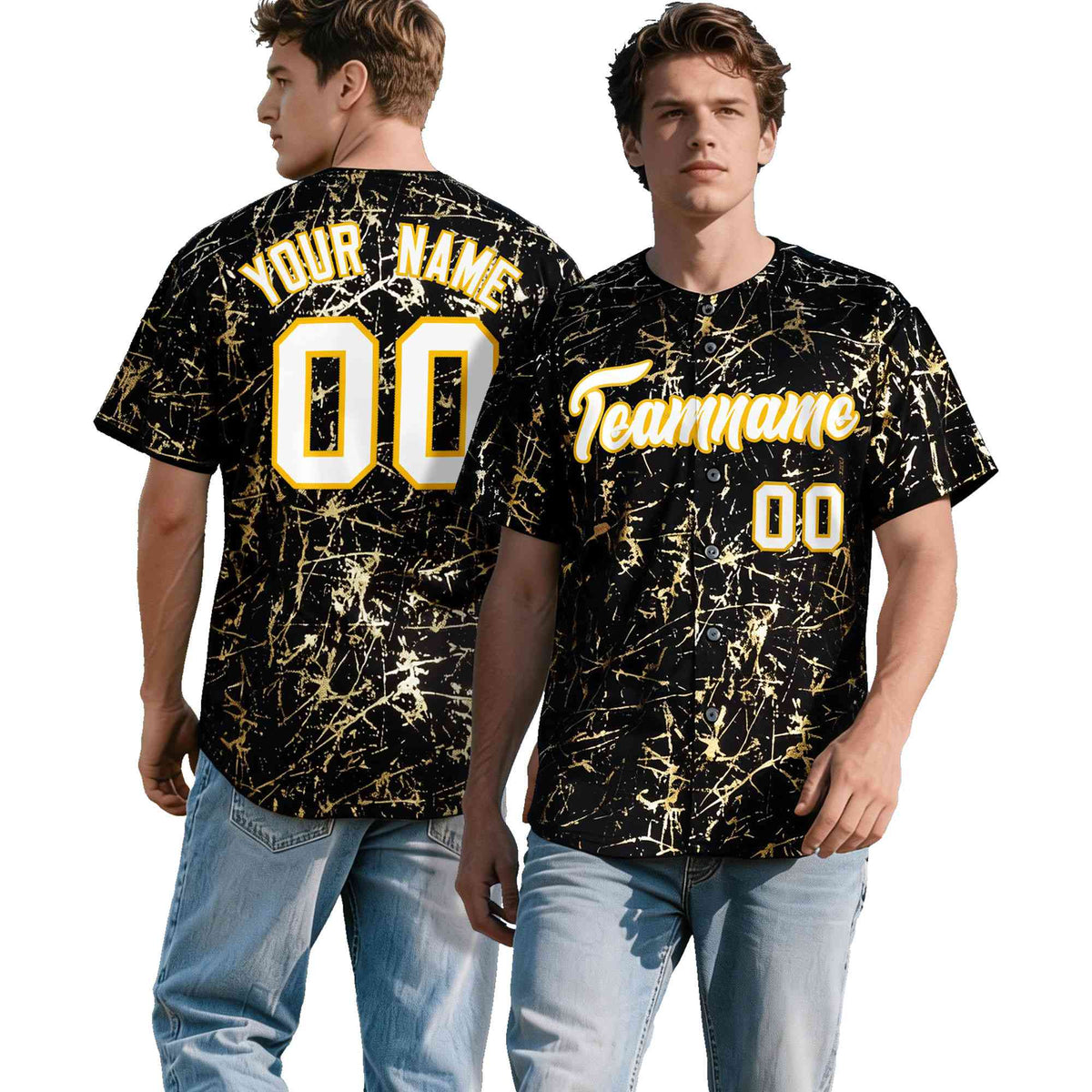 Custom Black White Black&amp;Shiny Gold Cracked Foil Hip Hop Button Down Baseball Jersey