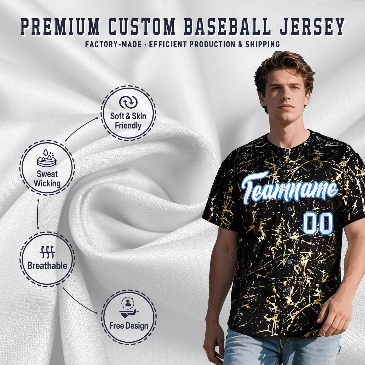 Custom Black White Black&amp;Shiny Gold Cracked Foil Hip Hop Button Down Baseball Jersey