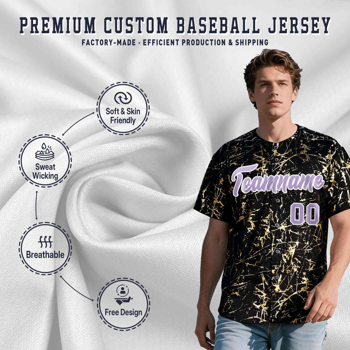 Custom Black Light Purple Metallic Gold Splatter Breathable&amp;Wrinkle-Resistant Baseball Jersey