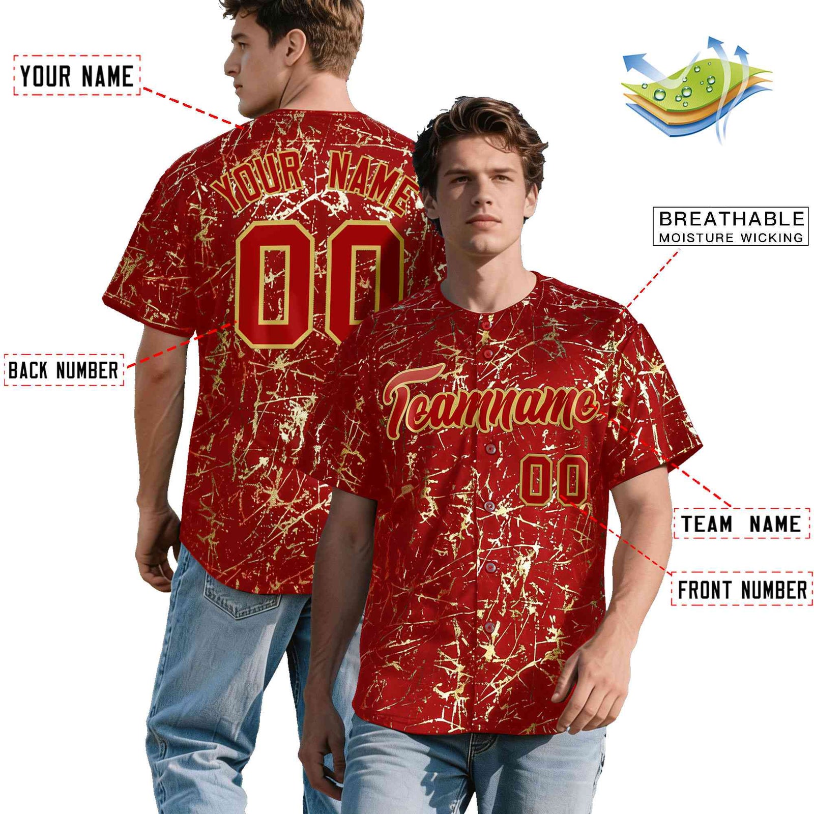 Custom Red Old Gold Metallic Gold Splatter Breathable&Wrinkle-Resistant Baseball Jersey