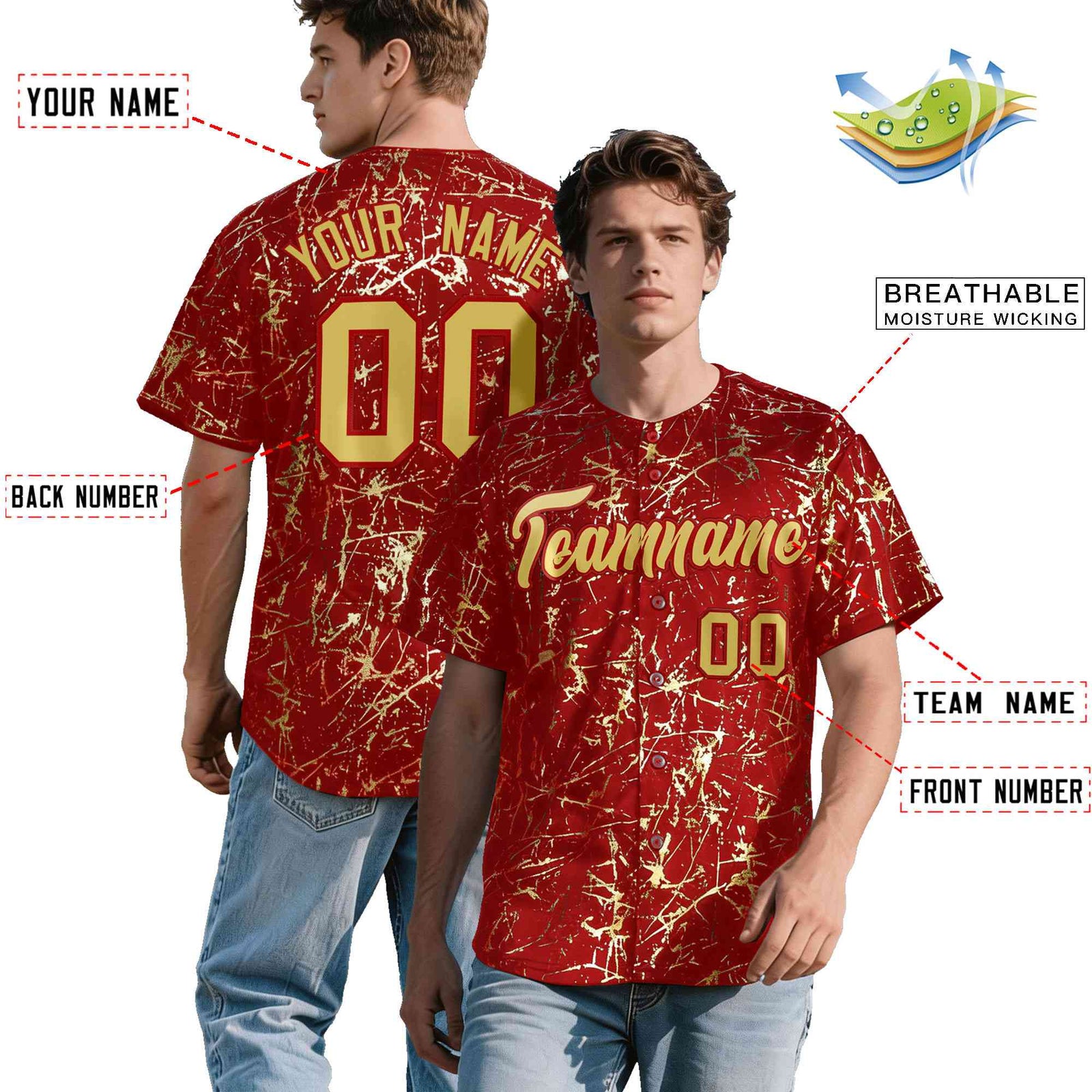 Custom Red Old Gold Black&Gold Marble Print Clubwear Party Streetwear Baseball Jersey