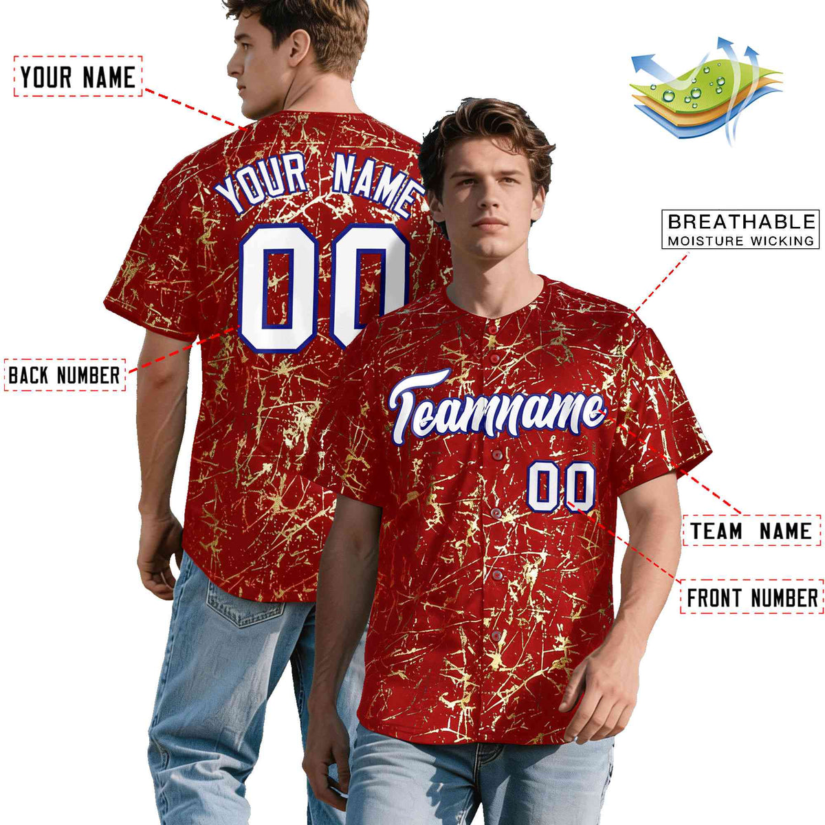 Custom Red White Black&amp;Shiny Gold Cracked Foil Hip Hop Button Down Baseball Jersey