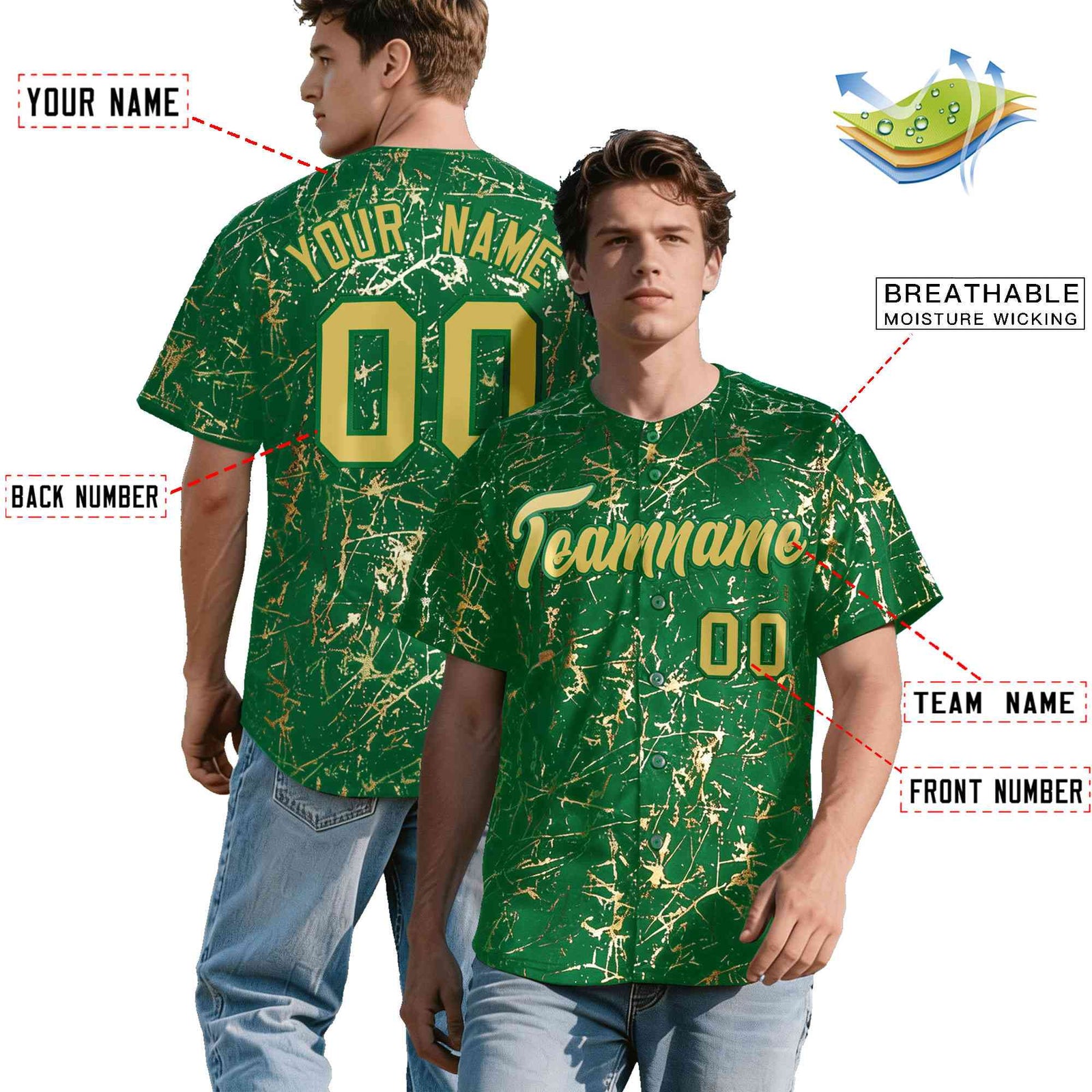 Custom Kelly Green Old Gold Black&Shiny Gold Cracked Foil Hip Hop Button Down Baseball Jersey
