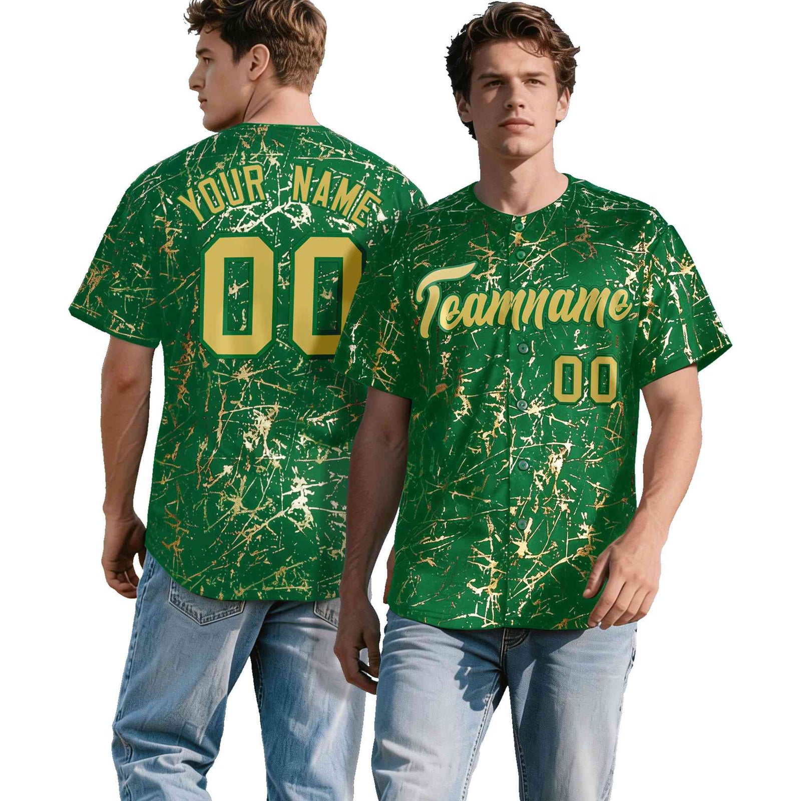 Custom Kelly Green Old Gold Black&Shiny Gold Cracked Foil Hip Hop Button Down Baseball Jersey