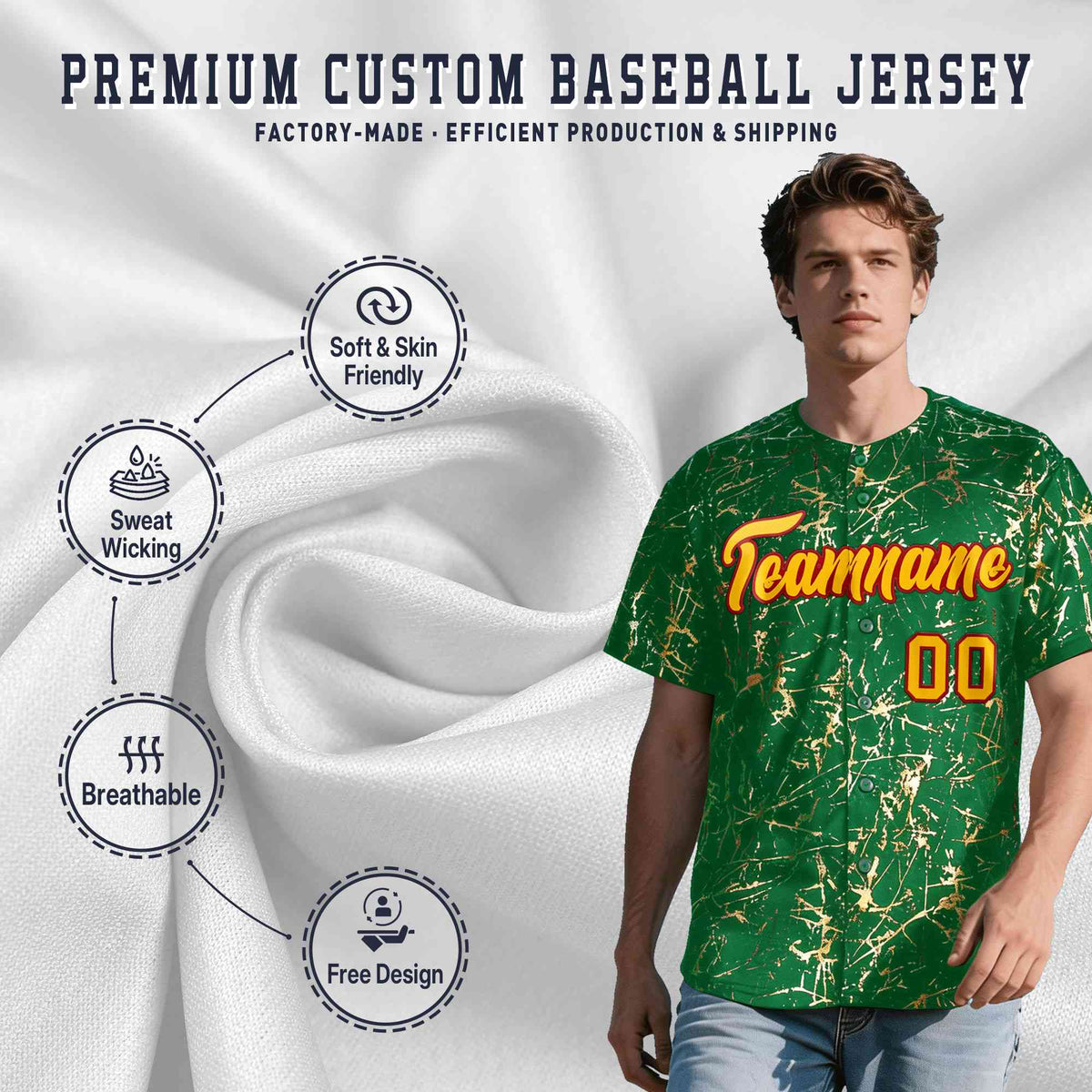 Custom Kelly Green Yellow Black&amp;Gold Marble Print Clubwear Party Streetwear Baseball Jersey