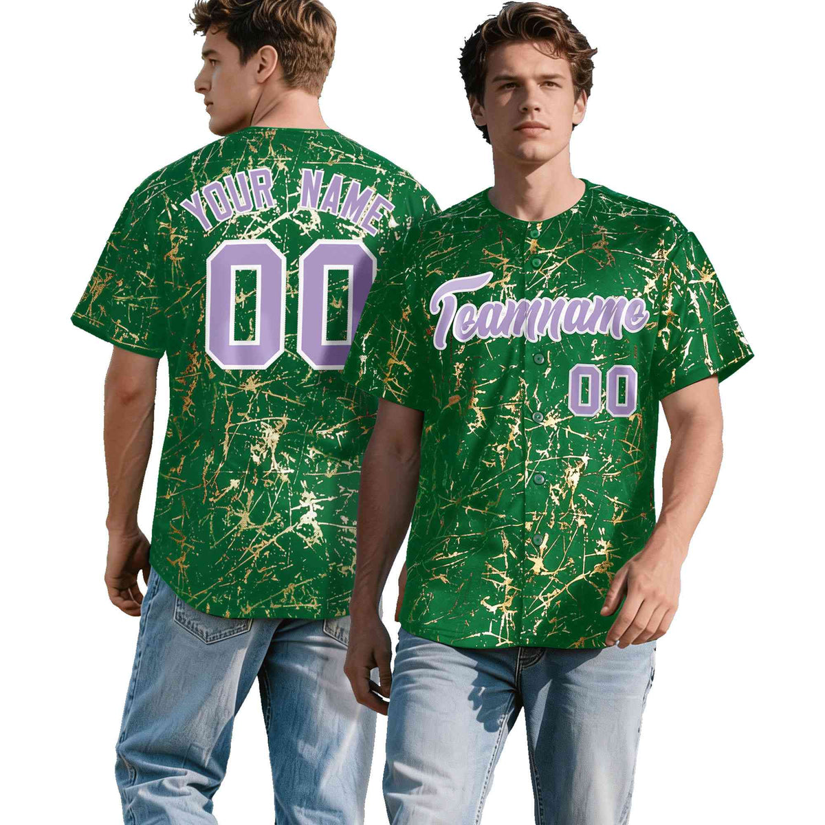 Custom Kelly Green Light Purple Metallic Gold Splatter Urban Streetwear Baseball Jersey