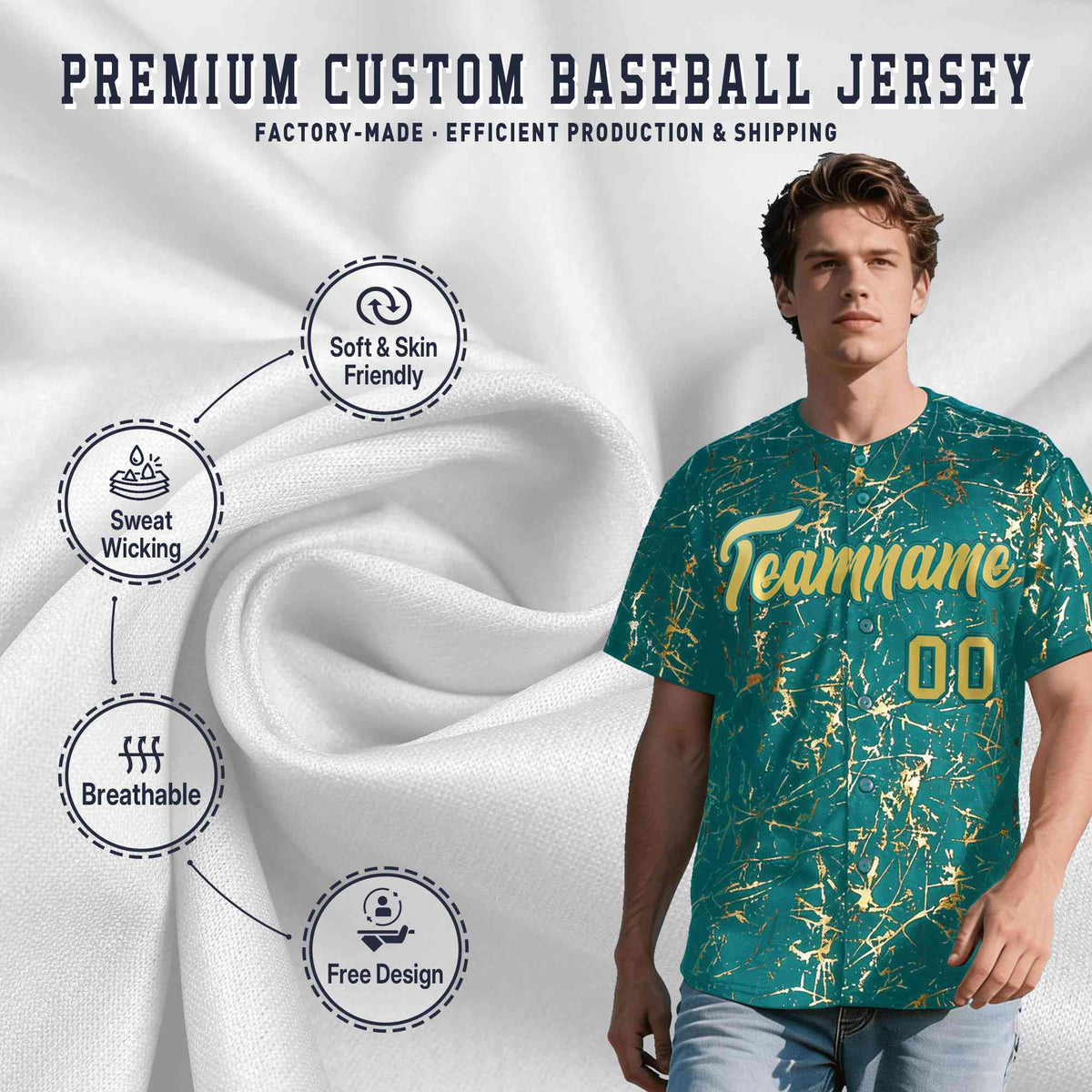 Custom Teal Old Gold Black&amp;Shiny Gold Cracked Foil Hip Hop Button Down Baseball Jersey