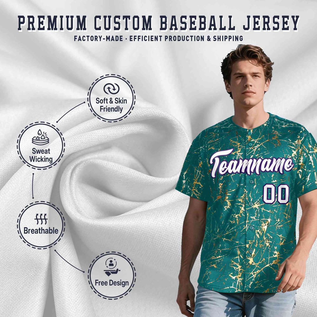 Custom Teal White Black&amp;Shiny Gold Cracked Foil Breathable Mesh Streetwear Baseball Jersey