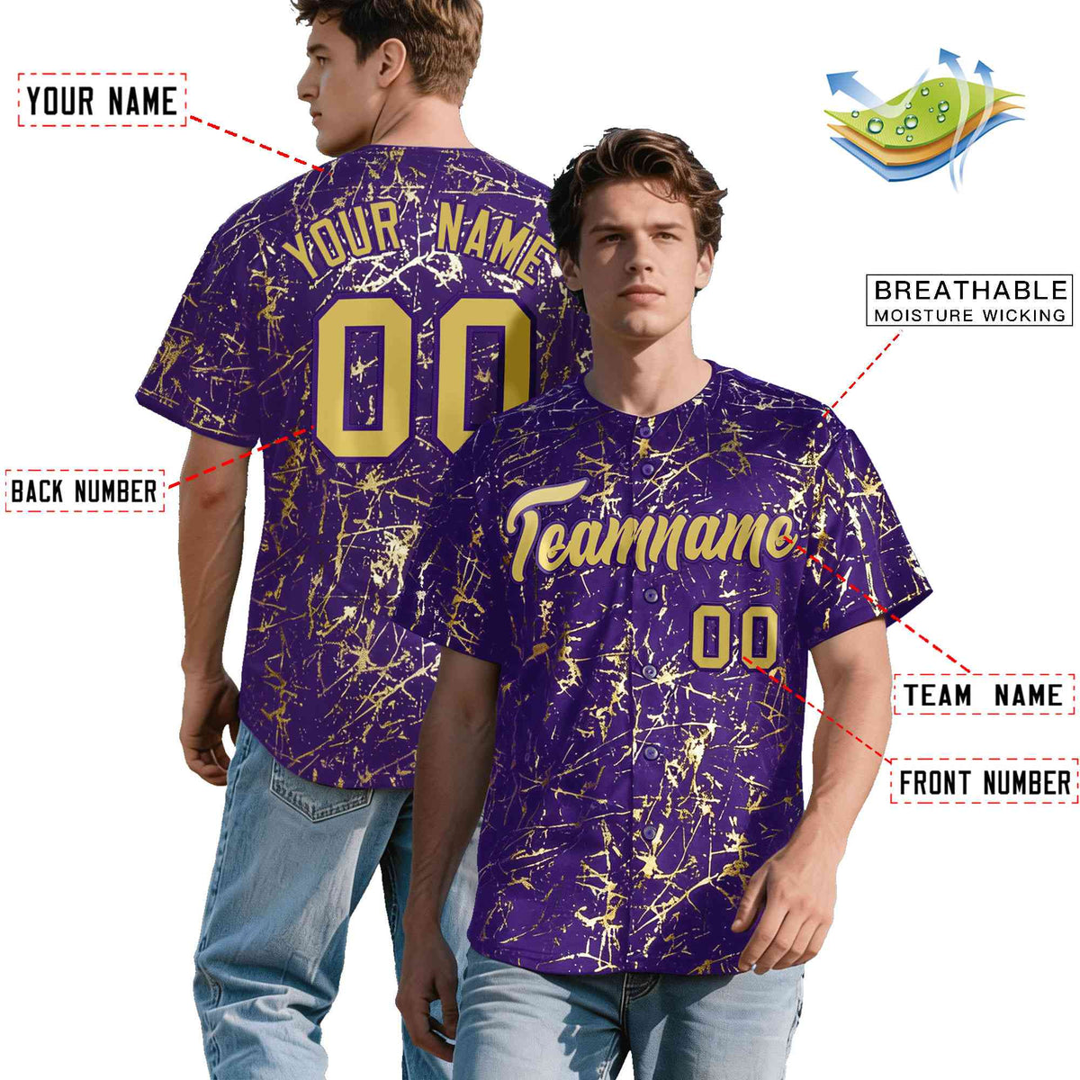 Custom Purple Old Gold Black&amp;Shiny Gold Cracked Foil Hip Hop Button Down Baseball Jersey