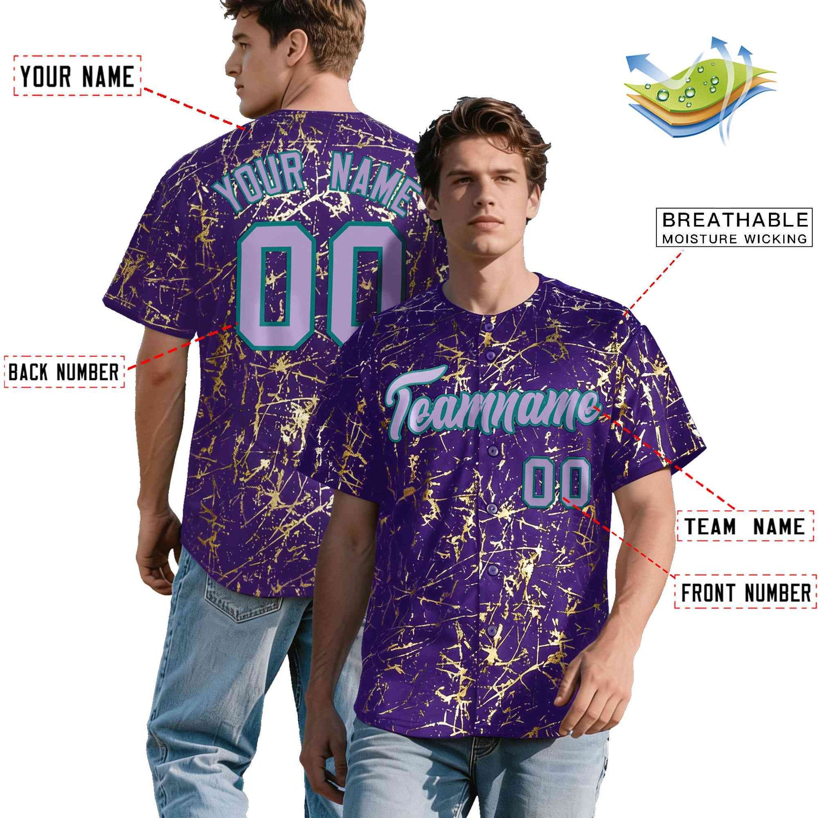 Custom Purple Light Purple Metallic Gold Splatter Breathable&Wrinkle-Resistant Baseball Jersey