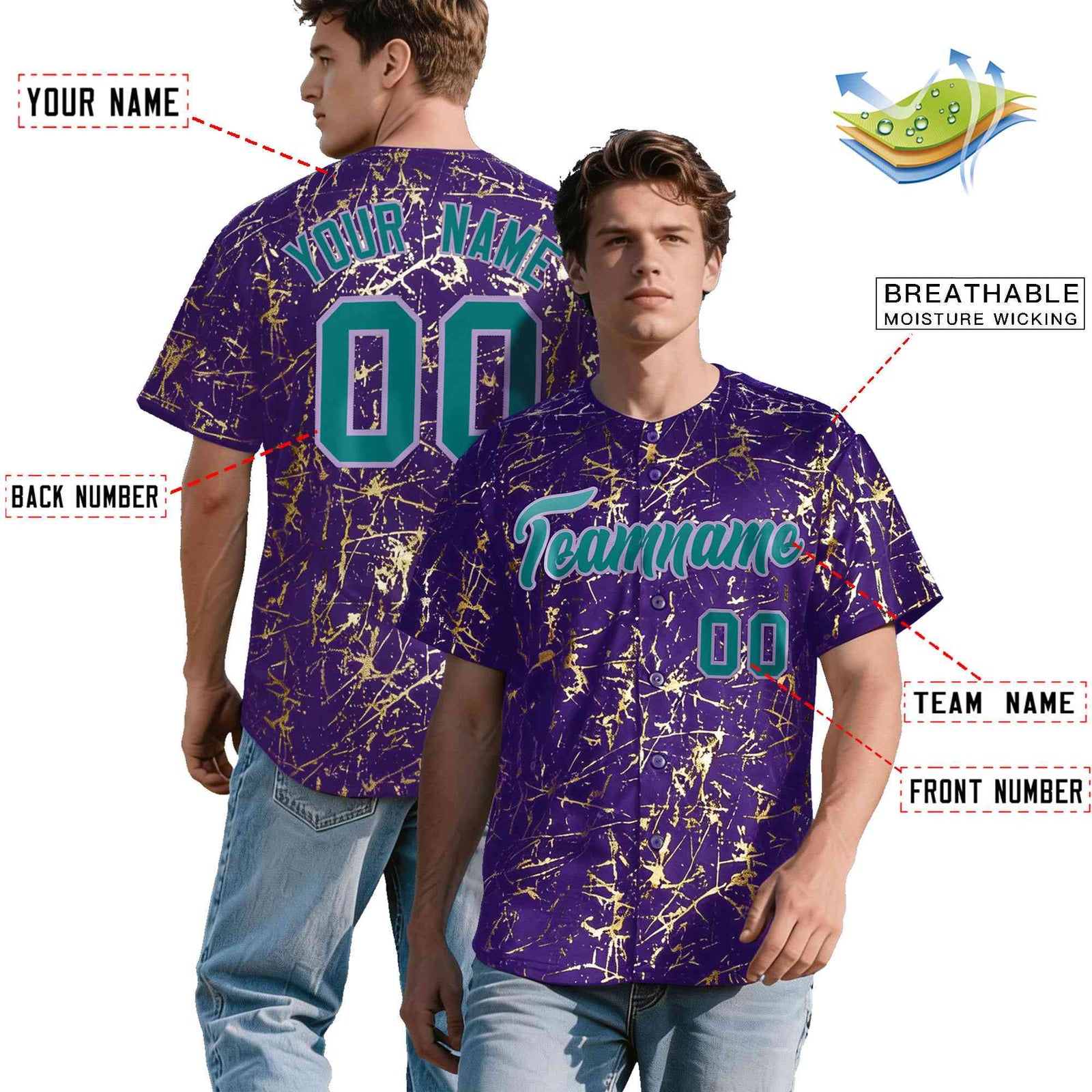 Custom Purple Teal Black&Gold Marble Print Clubwear Party Streetwear Baseball Jersey