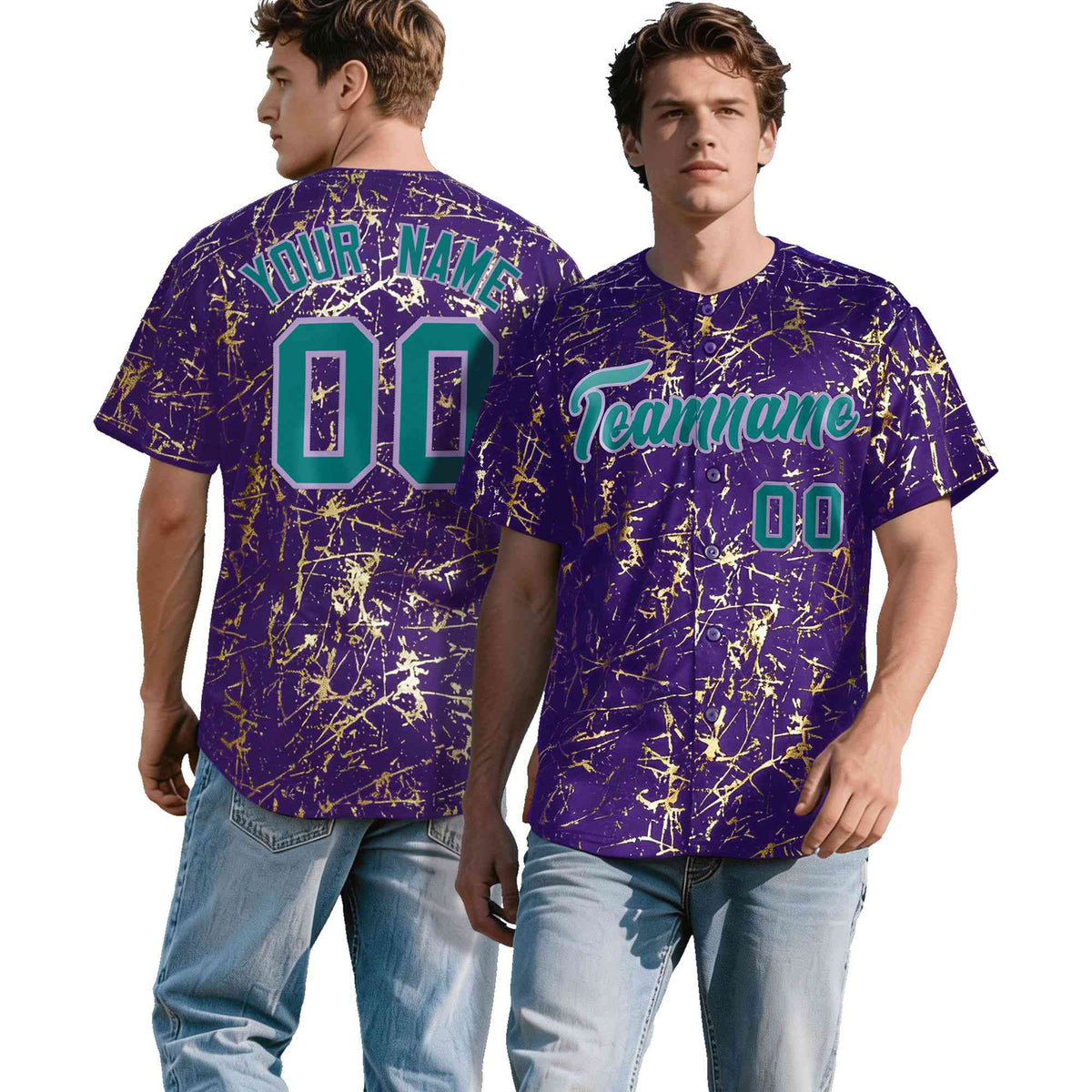 Custom Purple Teal Black&amp;Gold Marble Print Clubwear Party Streetwear Baseball Jersey