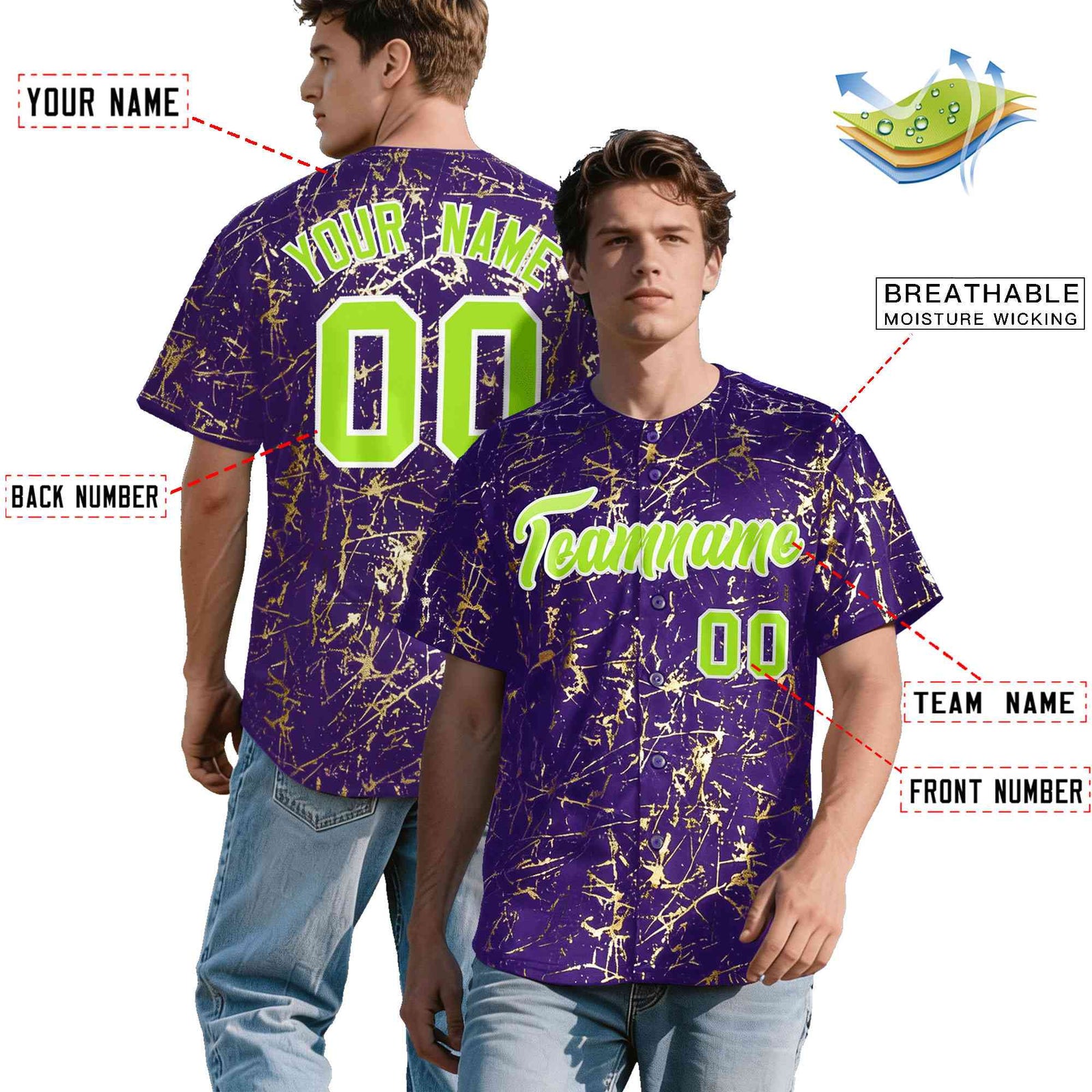 Custom Purple Neon Green Metallic Gold Splatter Urban Streetwear Baseball Jersey