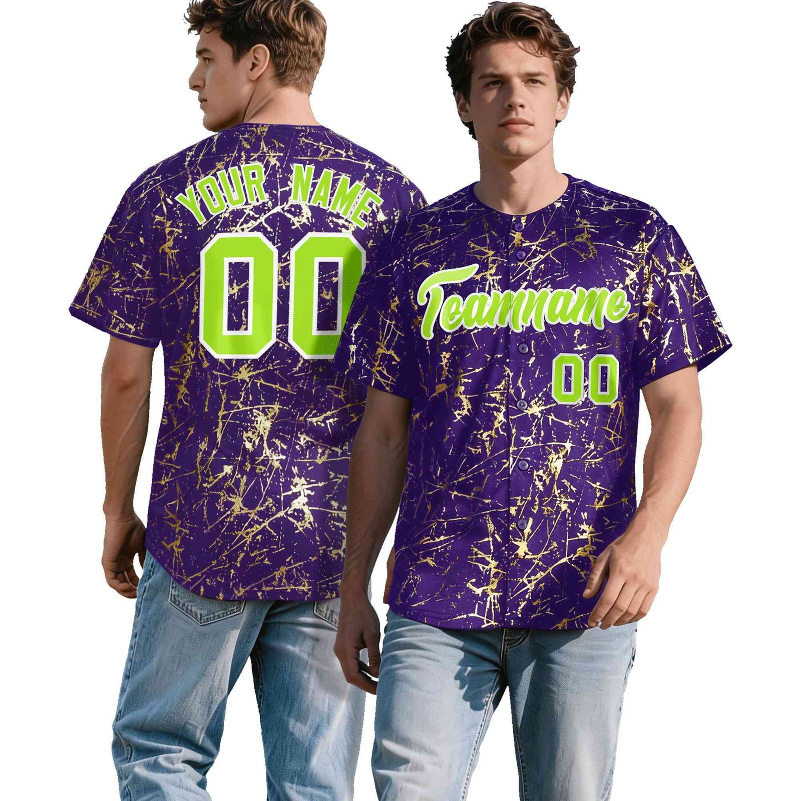 Custom Purple Neon Green Metallic Gold Splatter Urban Streetwear Baseball Jersey