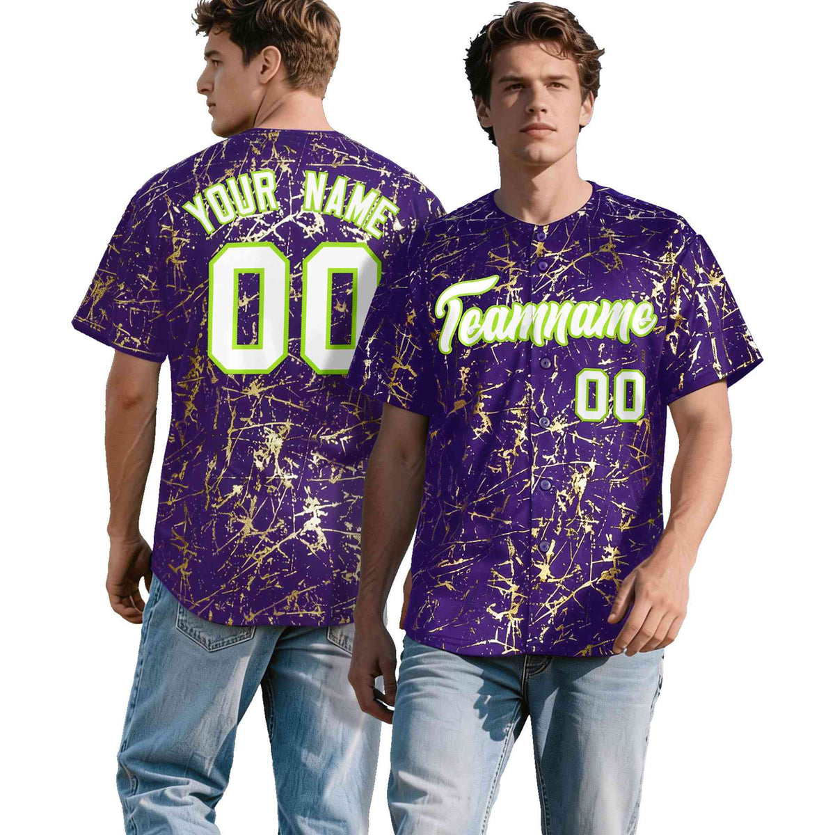 Custom Purple White Black&amp;Shiny Gold Cracked Foil Breathable Mesh Streetwear Baseball Jersey