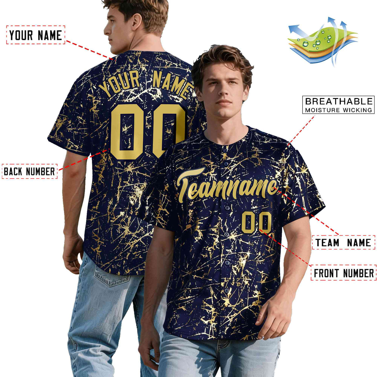 Custom Navy Old Gold Black&amp;Shiny Gold Cracked Foil Hip Hop Button Down Baseball Jersey