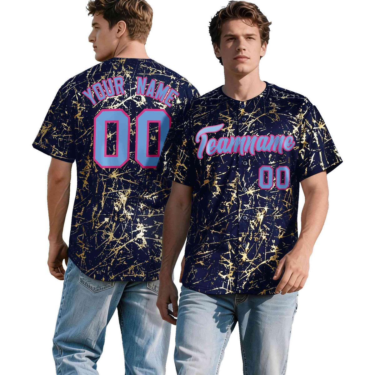 Custom Navy Powder Blue Black&amp;Gold Marble Print Clubwear Party Streetwear Baseball Jersey