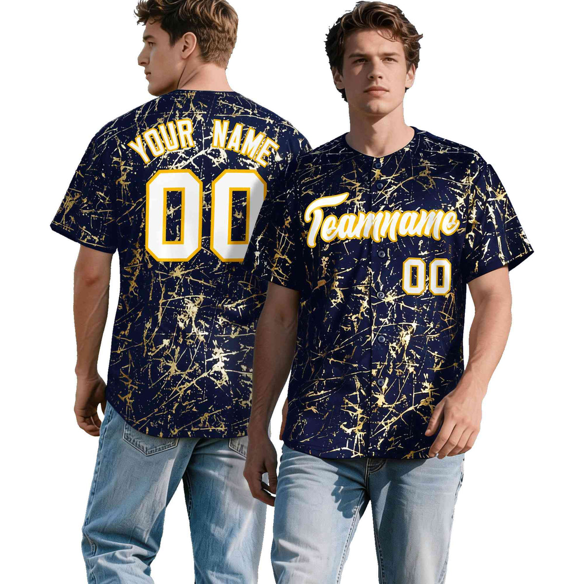 Custom Navy White Black&amp;Shiny Gold Cracked Foil Breathable Mesh Streetwear Baseball Jersey