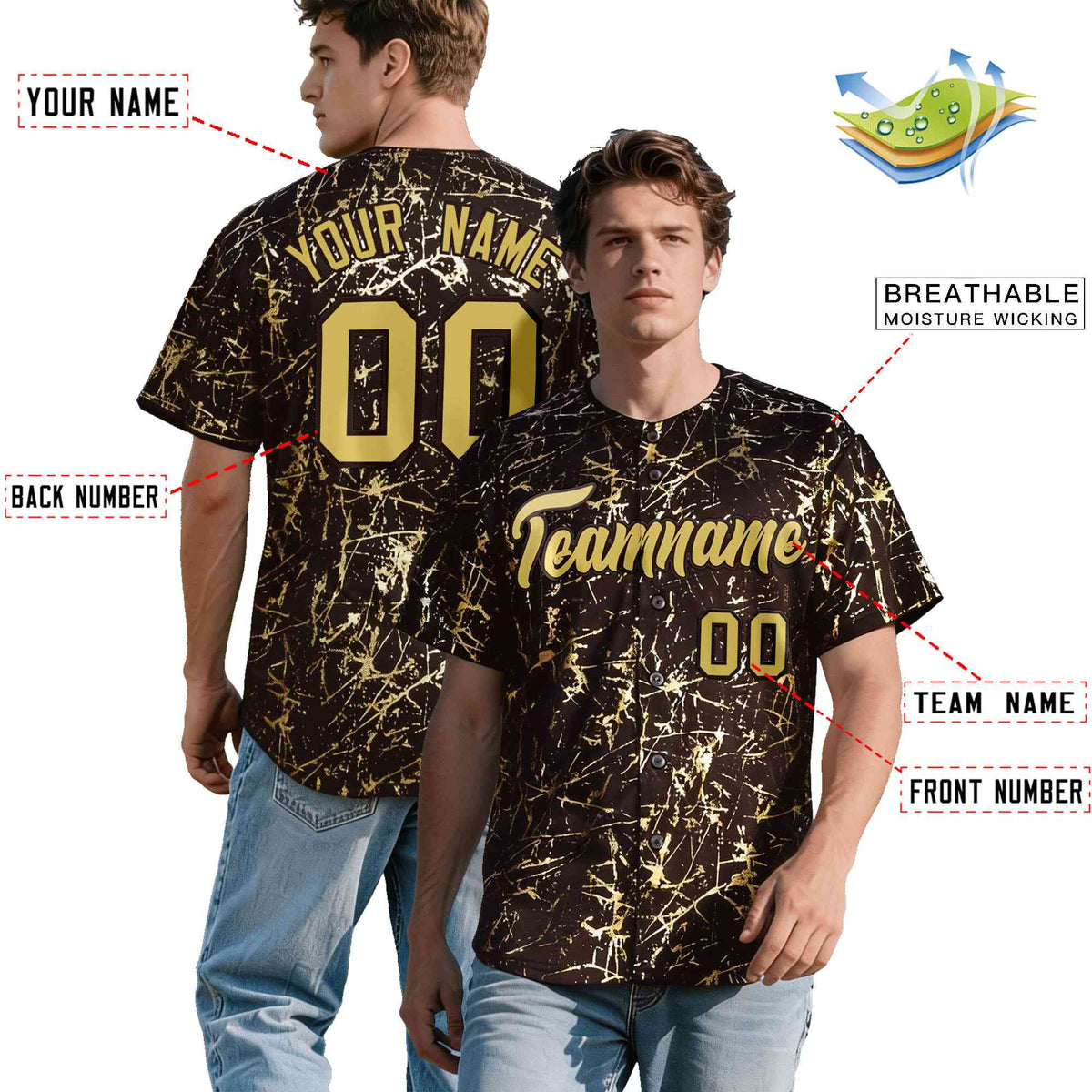 Custom Brown Old Gold Black&amp;Shiny Gold Cracked Foil Hip Hop Button Down Baseball Jersey