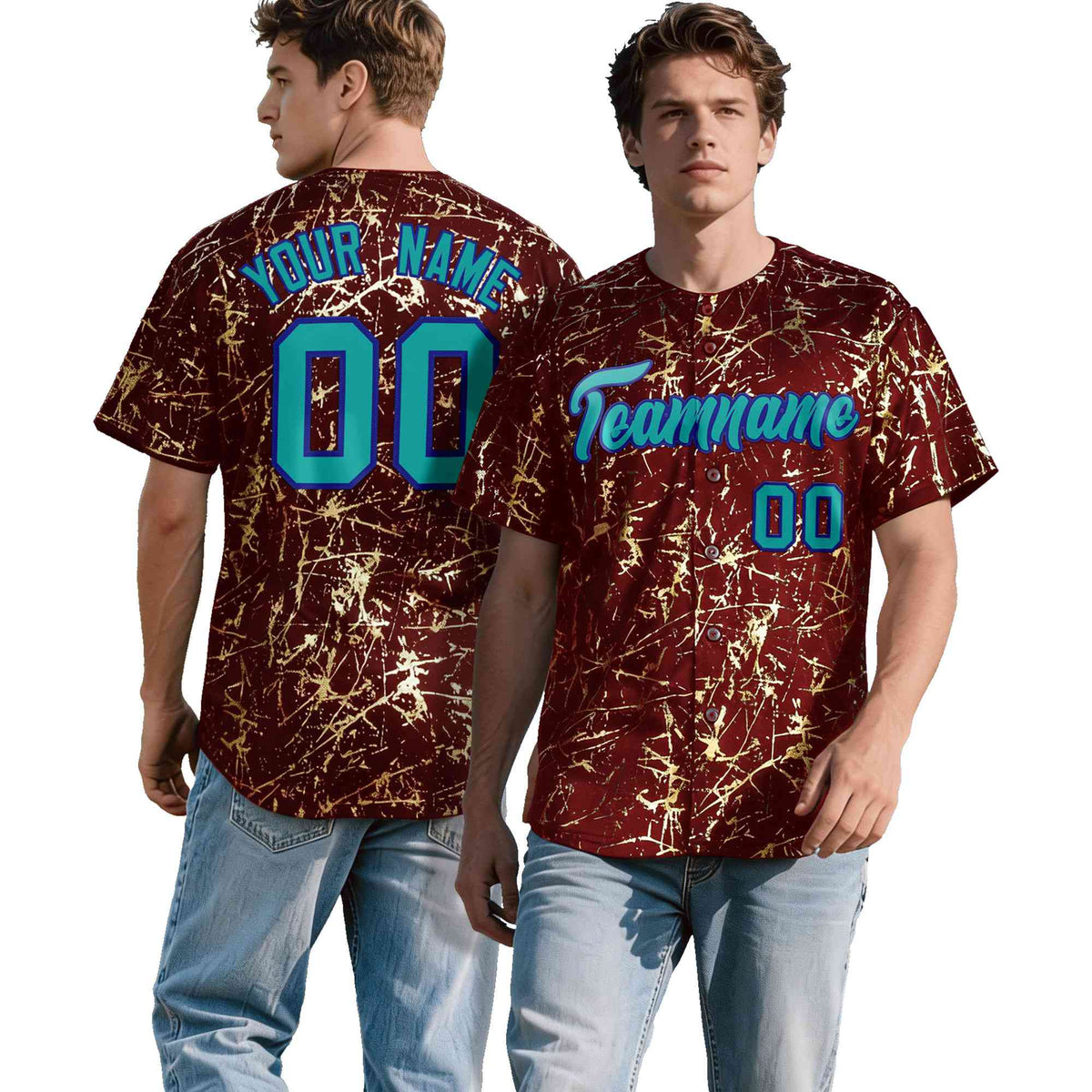 Custom Crimson Aqua Black&amp;Gold Marble Print Clubwear Party Streetwear Baseball Jersey