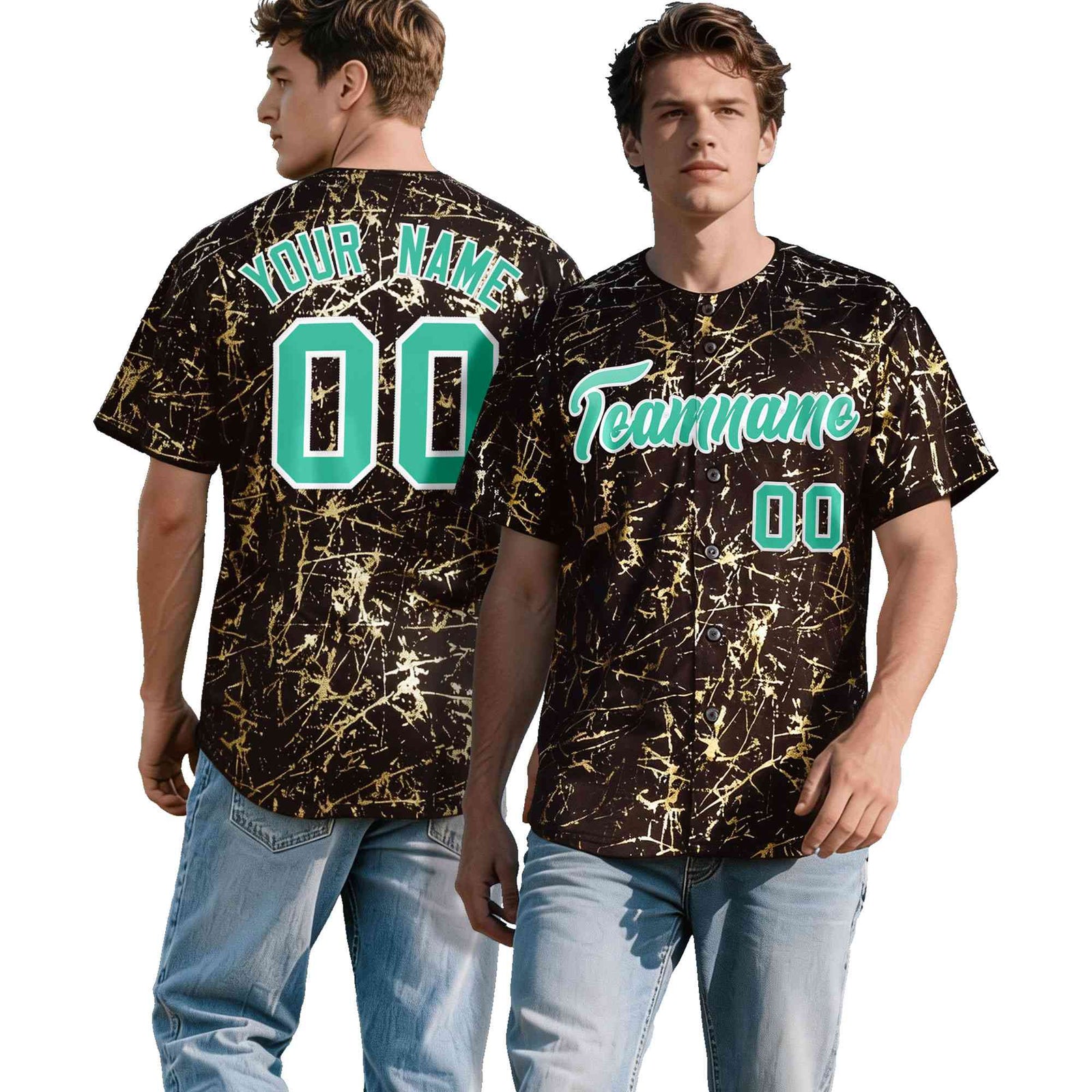 Custom Crimson Bright Green Metallic Gold Splatter Urban Streetwear Baseball Jersey