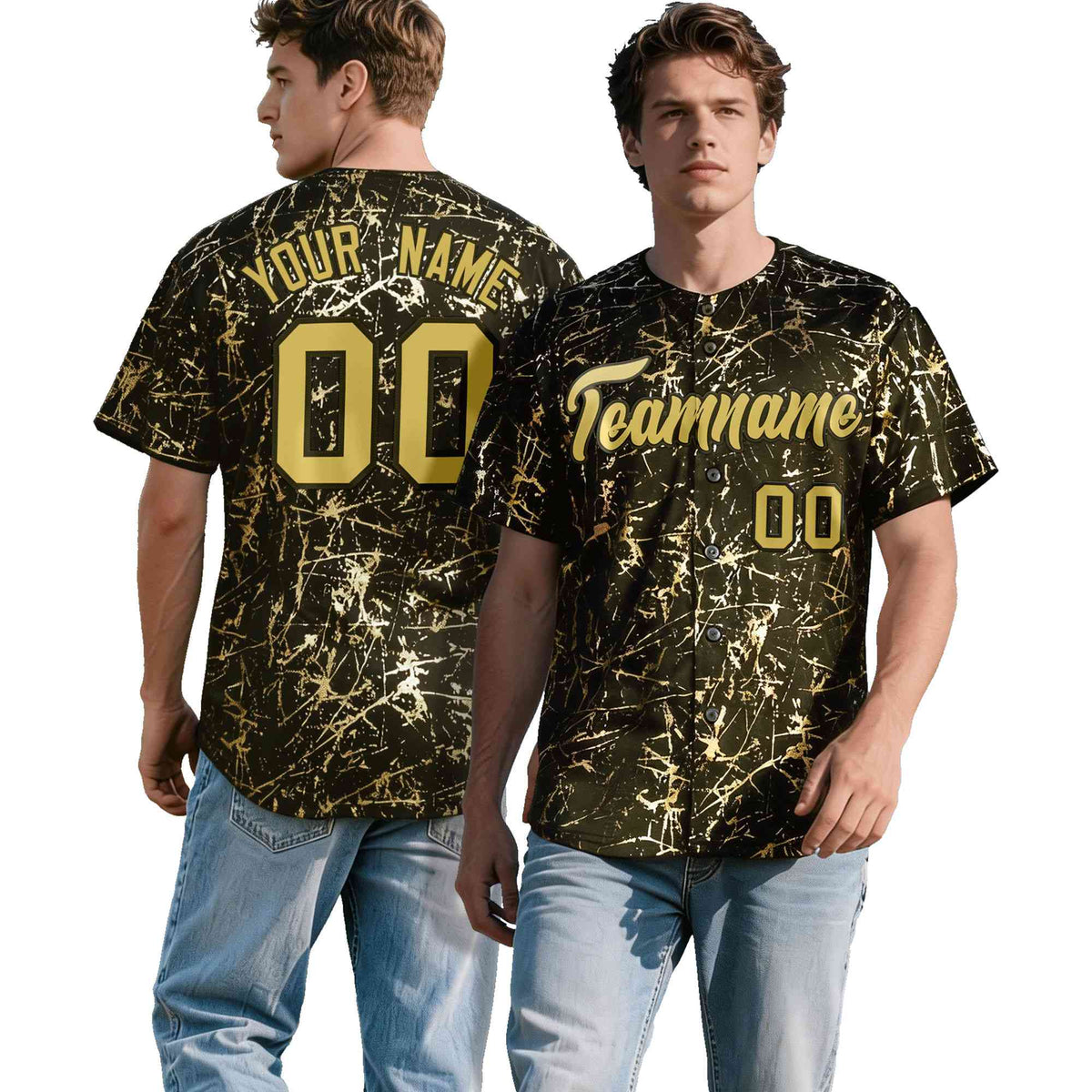 Custom Olive Old Gold Black&Shiny Gold Cracked Foil Hip Hop Button Down Baseball Jersey