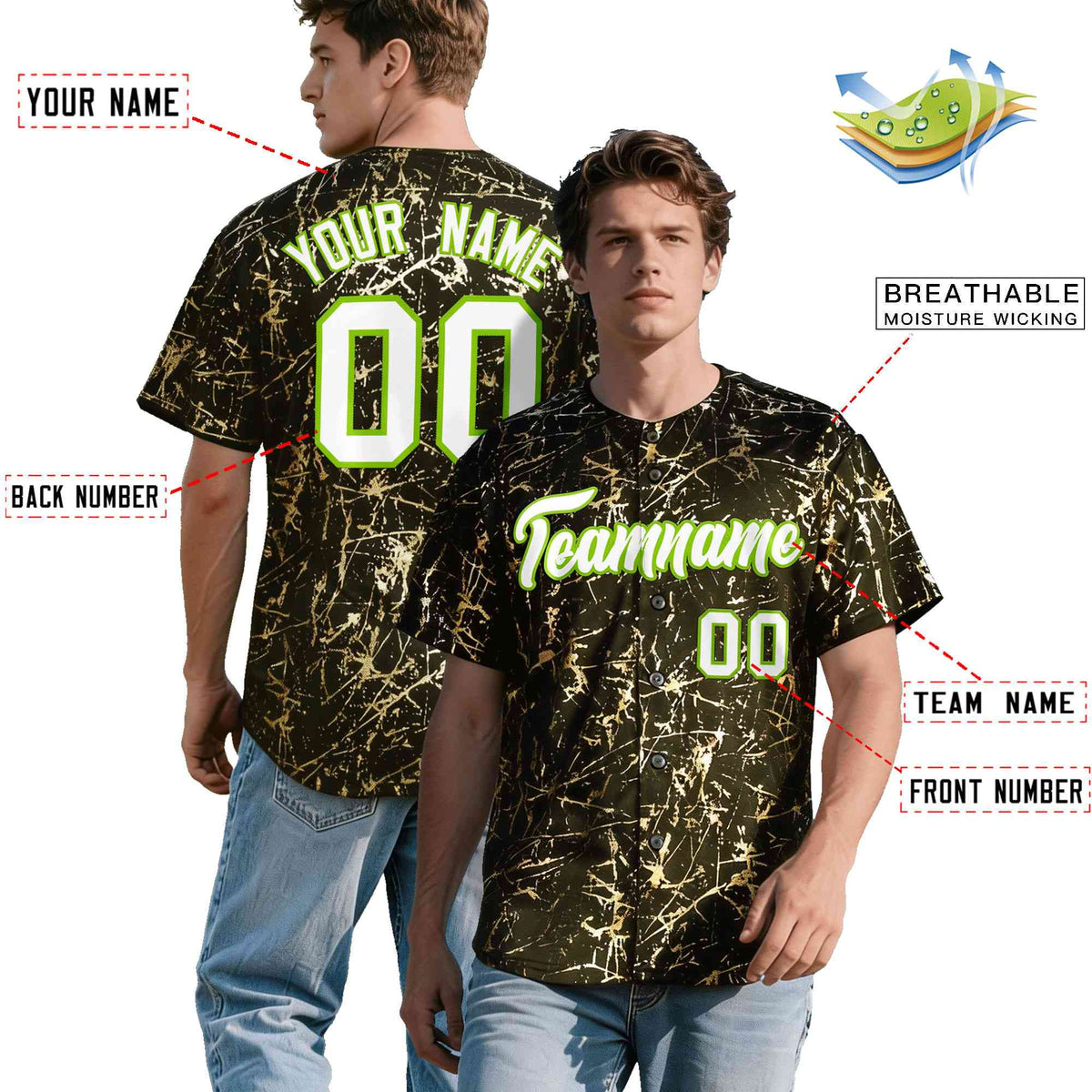 Custom Olive White Black&amp;Shiny Gold Cracked Foil Breathable Mesh Streetwear Baseball Jersey