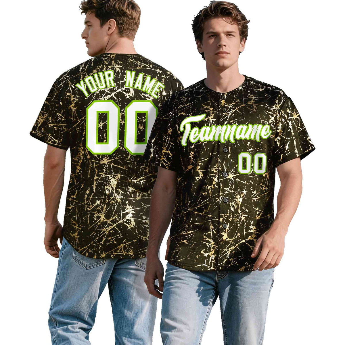 Custom Olive White Black&amp;Shiny Gold Cracked Foil Breathable Mesh Streetwear Baseball Jersey