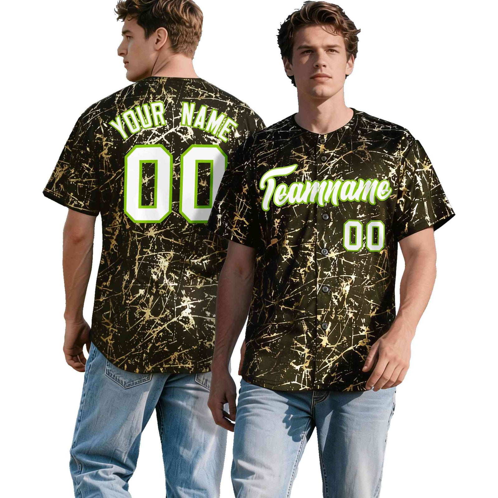 Custom Olive White Black&Shiny Gold Cracked Foil Breathable Mesh Streetwear Baseball Jersey