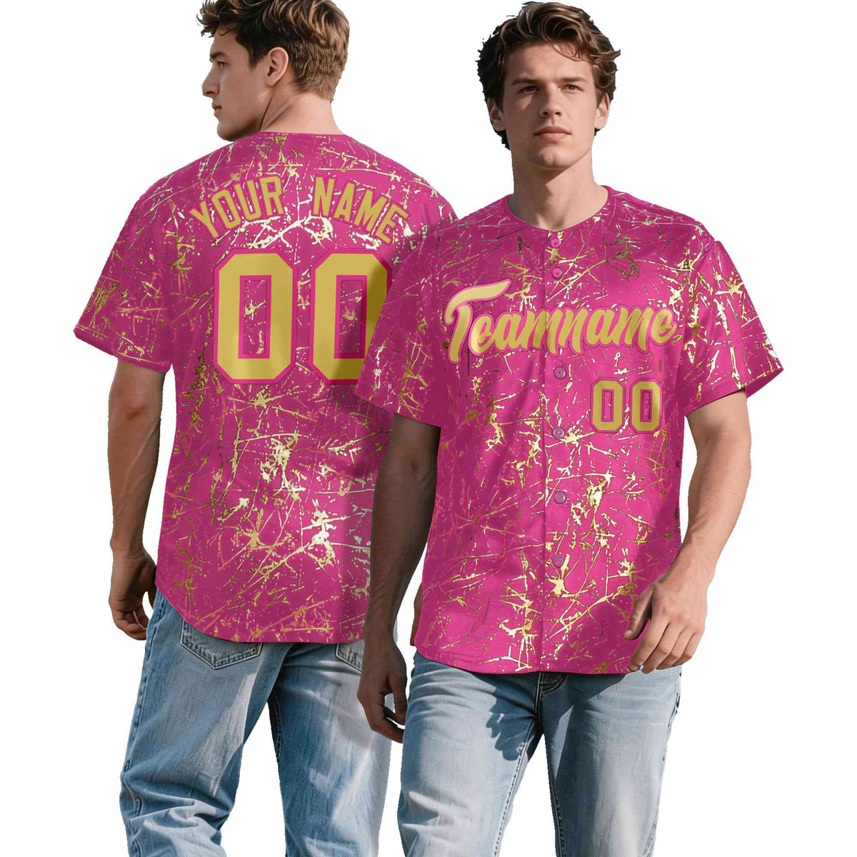 Custom Pink Old Gold Black&amp;Shiny Gold Cracked Foil Hip Hop Button Down Baseball Jersey