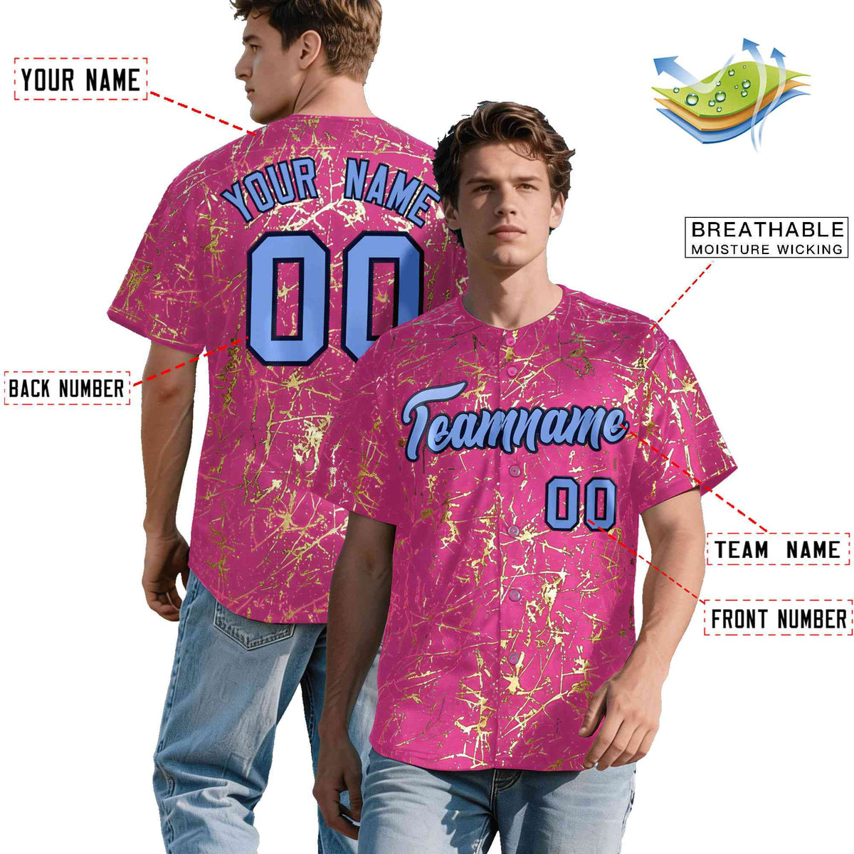 Custom Pink Light Blue Black&amp;Gold Marble Print Clubwear Party Streetwear Baseball Jersey