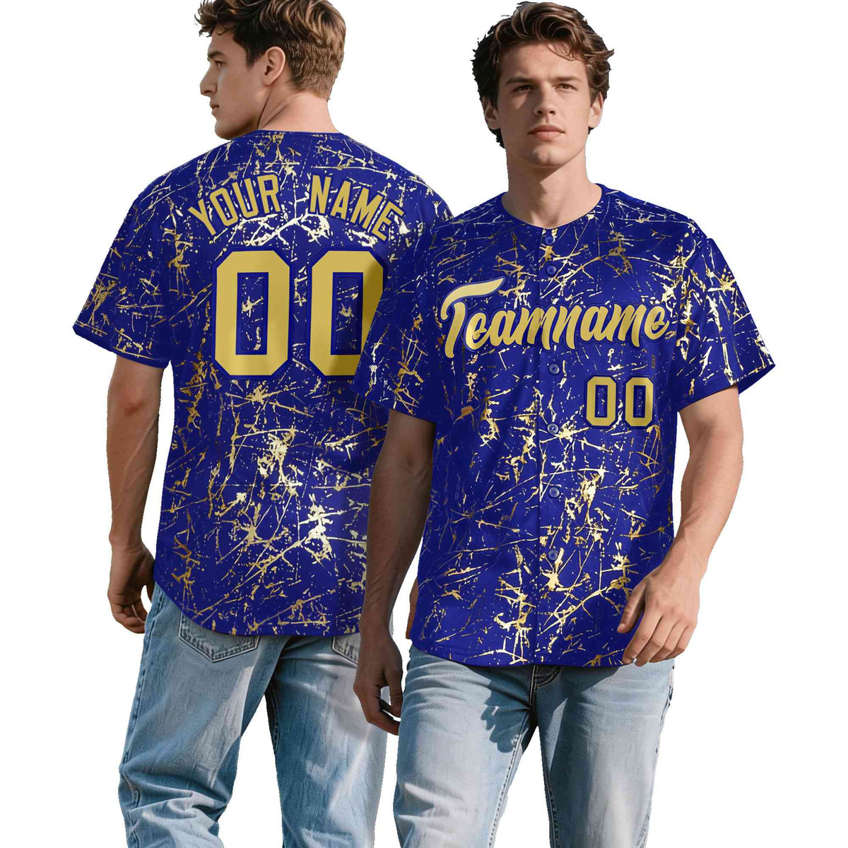 Custom Royal Old Gold Black&amp;Shiny Gold Cracked Foil Hip Hop Button Down Baseball Jersey