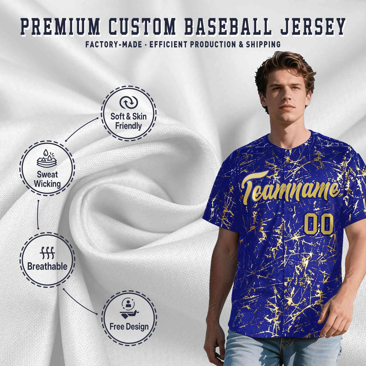 Custom Royal Old Gold Black&amp;Shiny Gold Cracked Foil Hip Hop Button Down Baseball Jersey