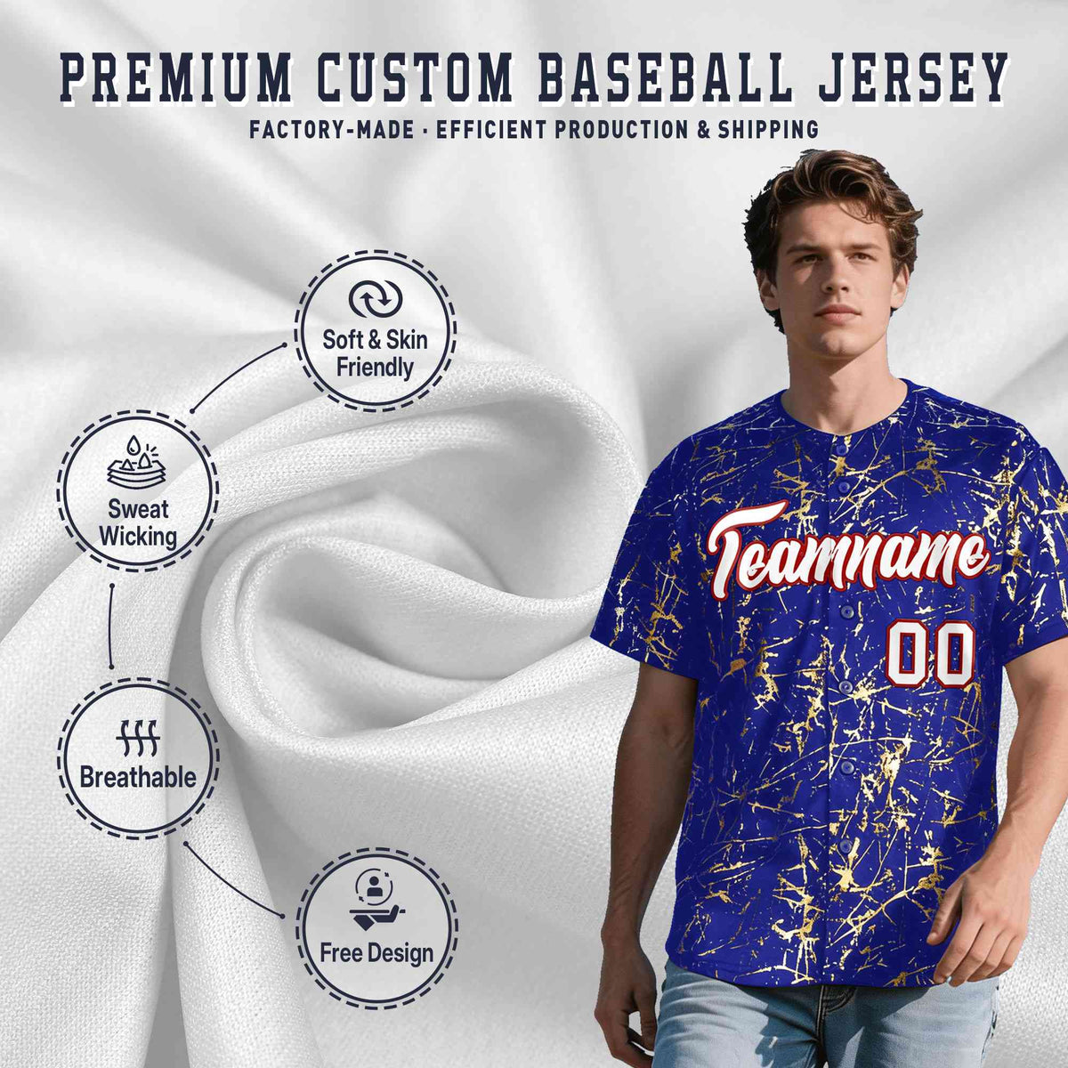 Custom Royal White Black&amp;Gold Marble Print Clubwear Party Streetwear Baseball Jersey