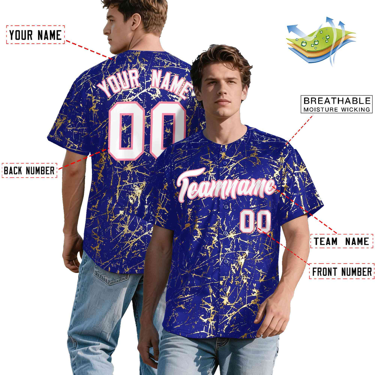 Custom Royal White Black&amp;Shiny Gold Cracked Foil Breathable Mesh Streetwear Baseball Jersey
