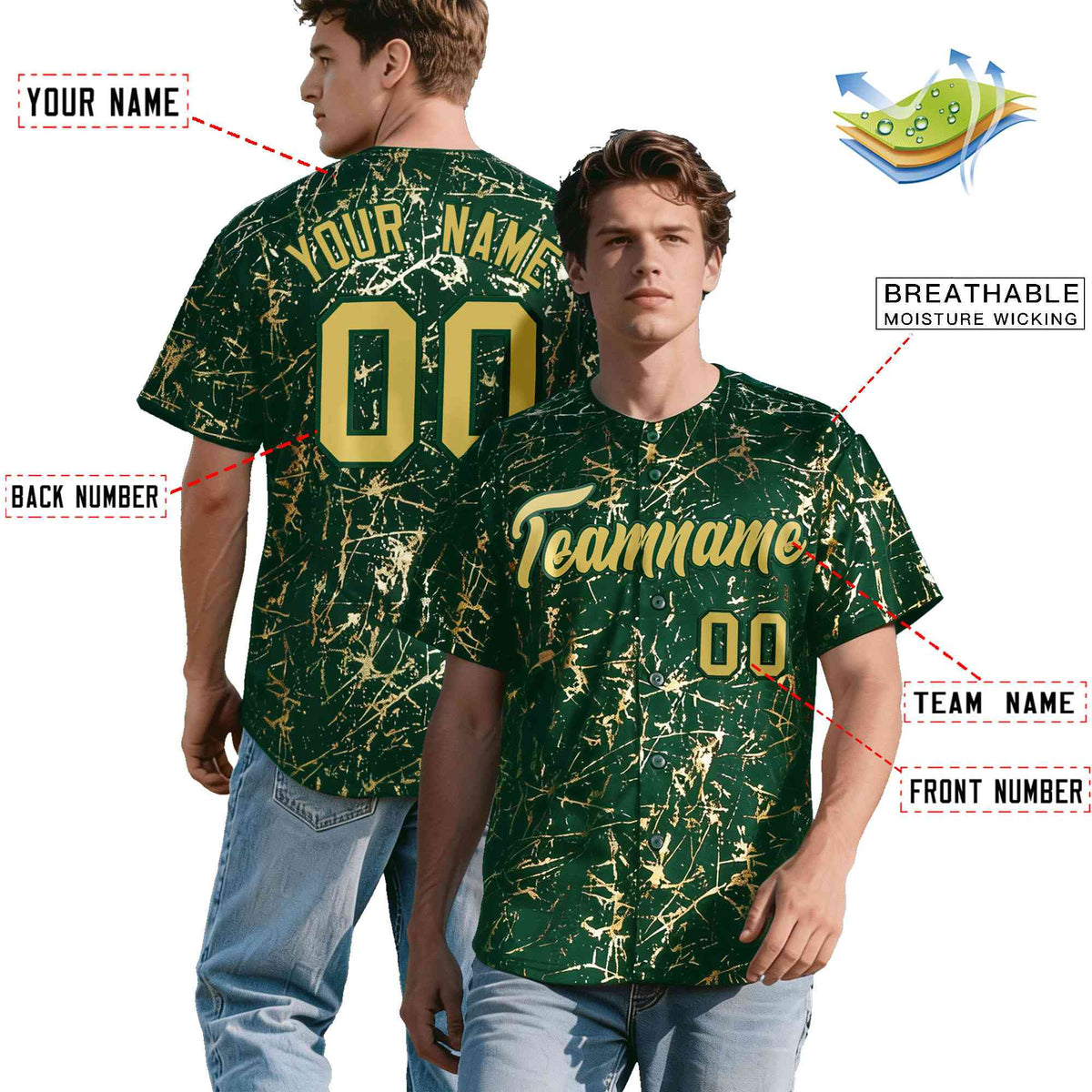 Custom Green Old Gold Black&amp;Shiny Gold Cracked Foil Hip Hop Button Down Baseball Jersey