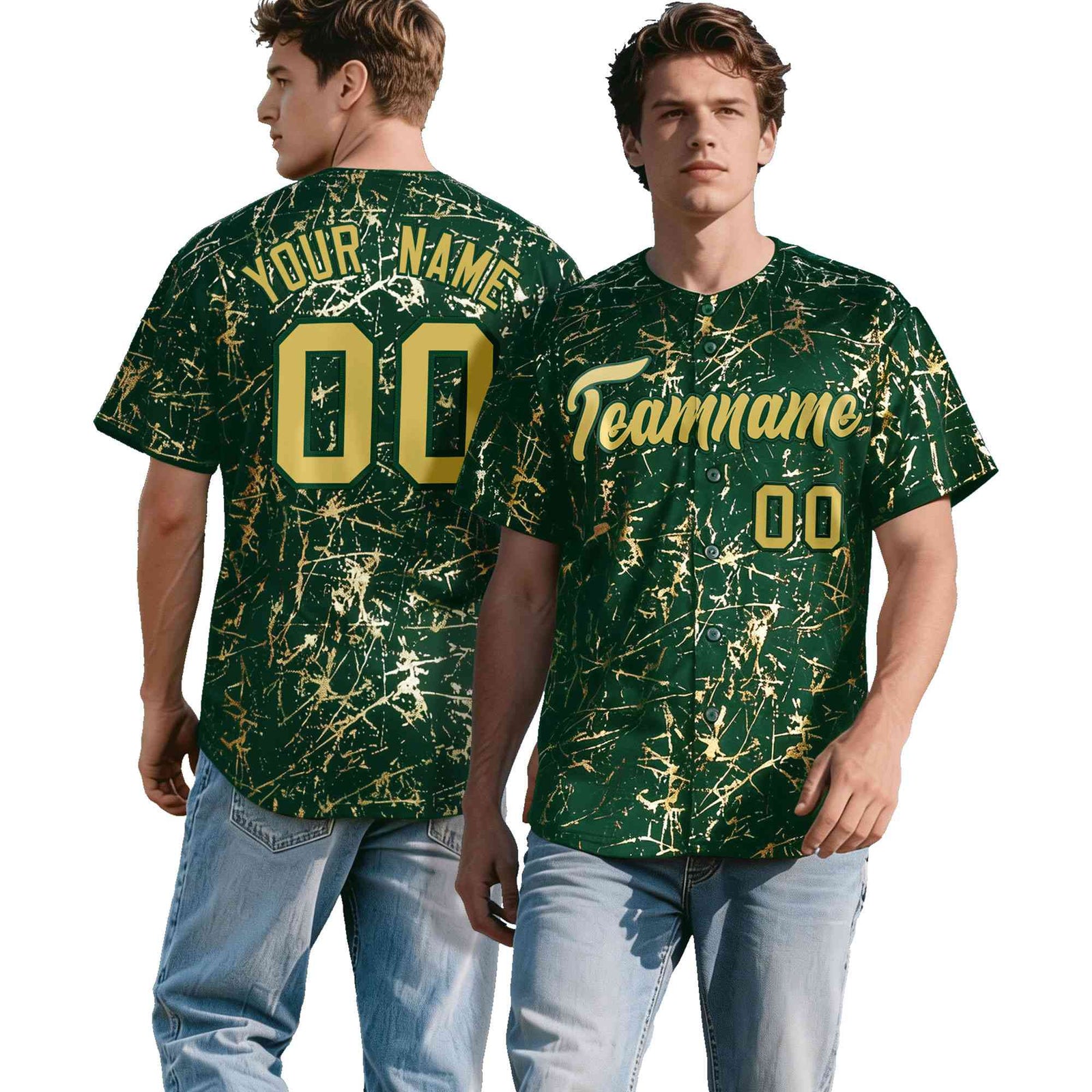 Custom Green Old Gold Black&Shiny Gold Cracked Foil Hip Hop Button Down Baseball Jersey