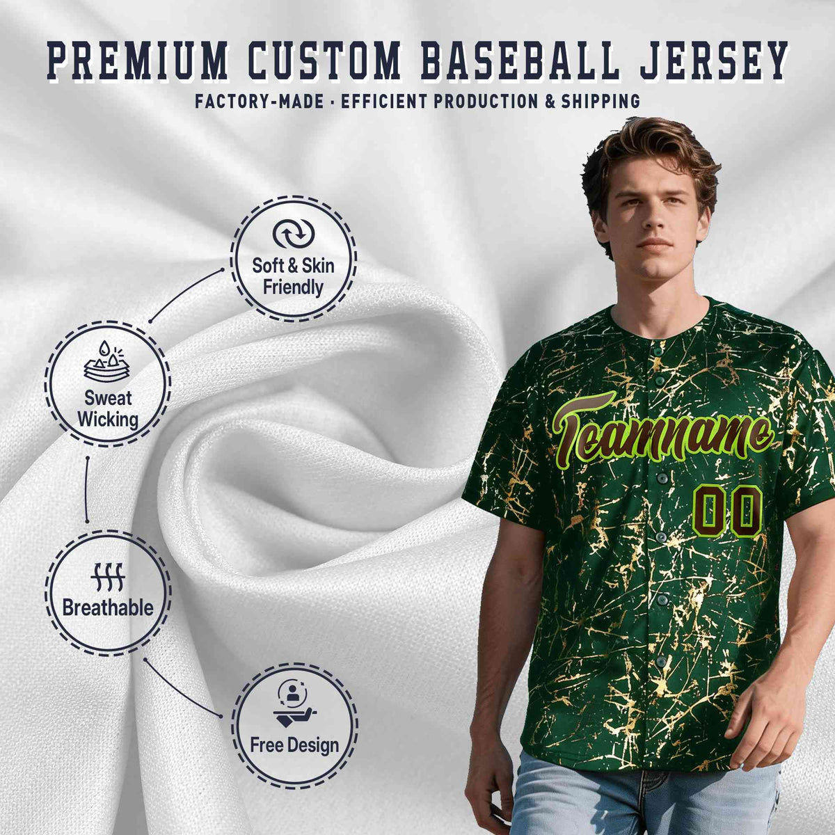 Custom Green Brown Metallic Gold Splatter Breathable&amp;Wrinkle-Resistant Baseball Jersey