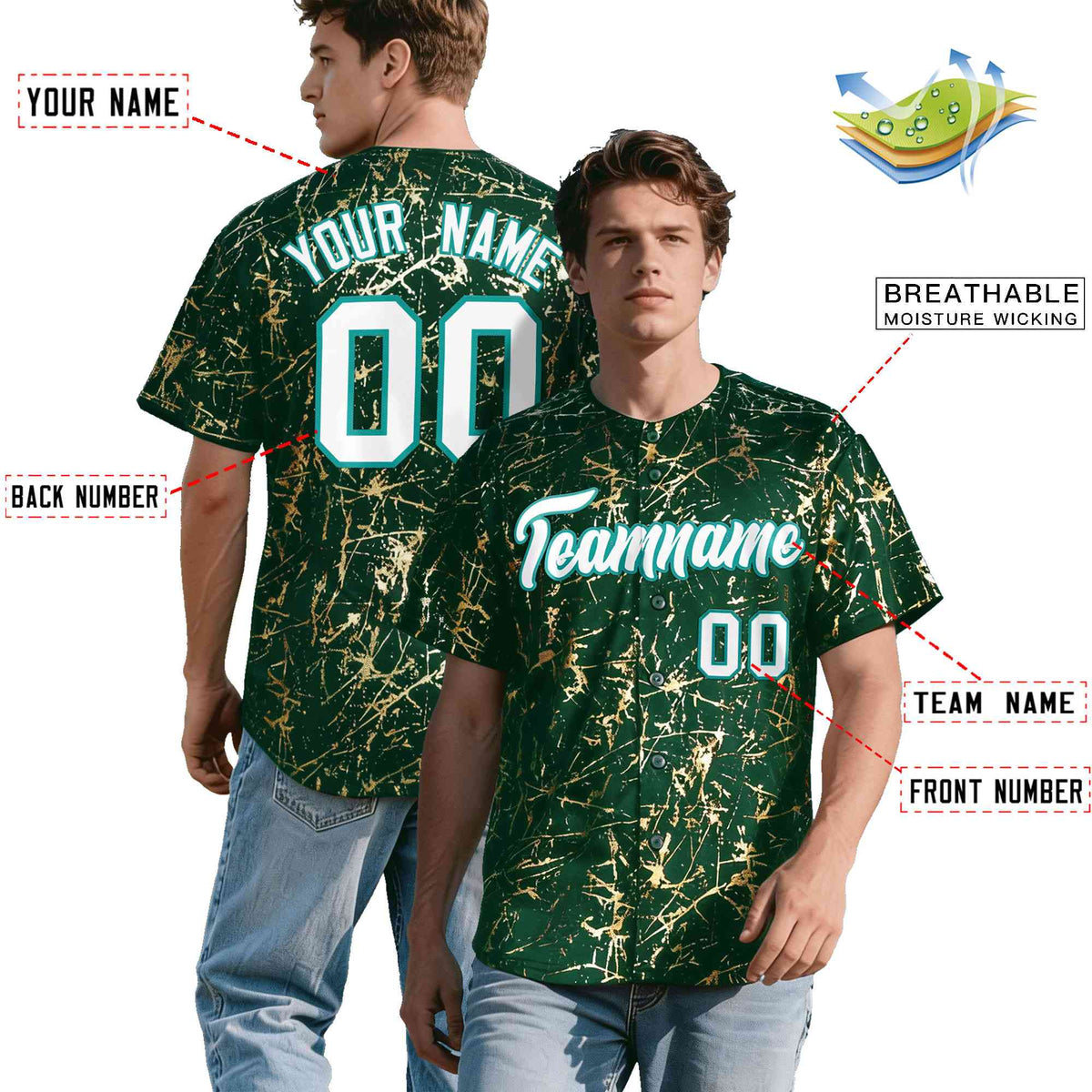 Custom Green White Black&amp;Shiny Gold Cracked Foil Breathable Mesh Streetwear Baseball Jersey
