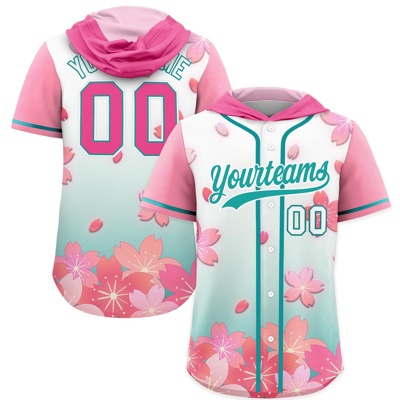 Custom Hooded Baseball Jersey | Pink Aqua Cherry Blossom Personalized Name & Number Sport Jersey