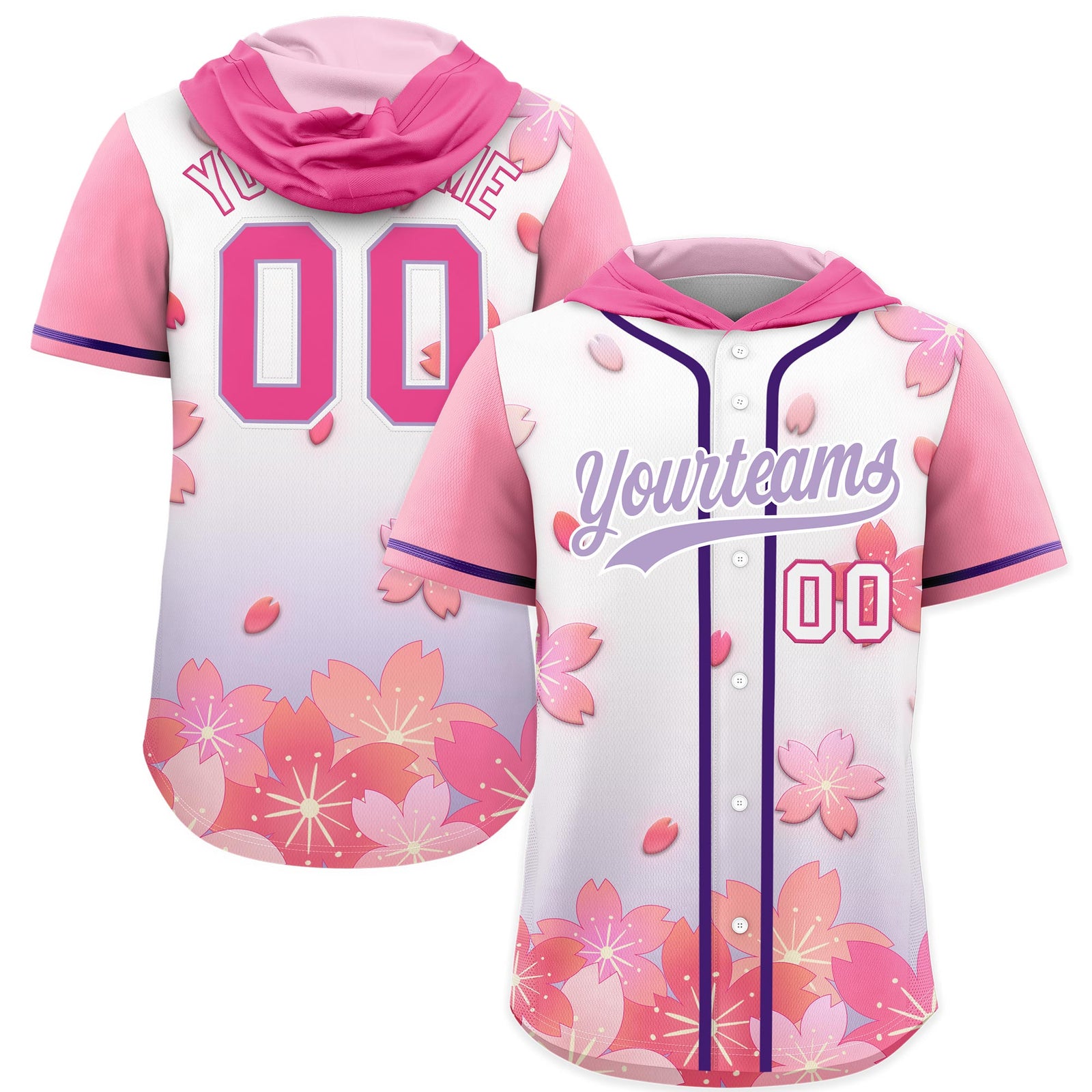 Custom Hooded Baseball Jersey | Pink Light Purple Cherry Blossom Personalized Name & Number Sport Jersey