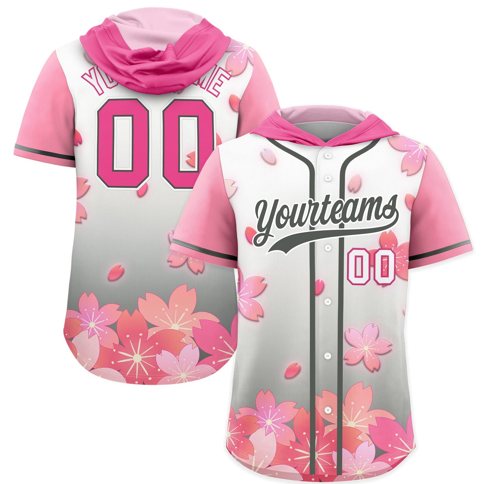 Custom Hooded Baseball Jersey | Pink Gray Cherry Blossom Moisture-Wicking Jersey for Men & Women